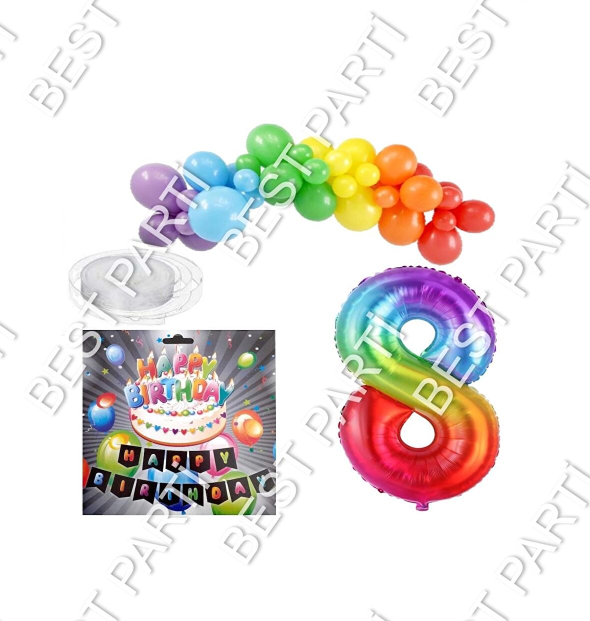 İyiki Doğdun Yazılı Banner 8 Yaş Gökkuşağı Temalı Balon Seti Doğum Günü