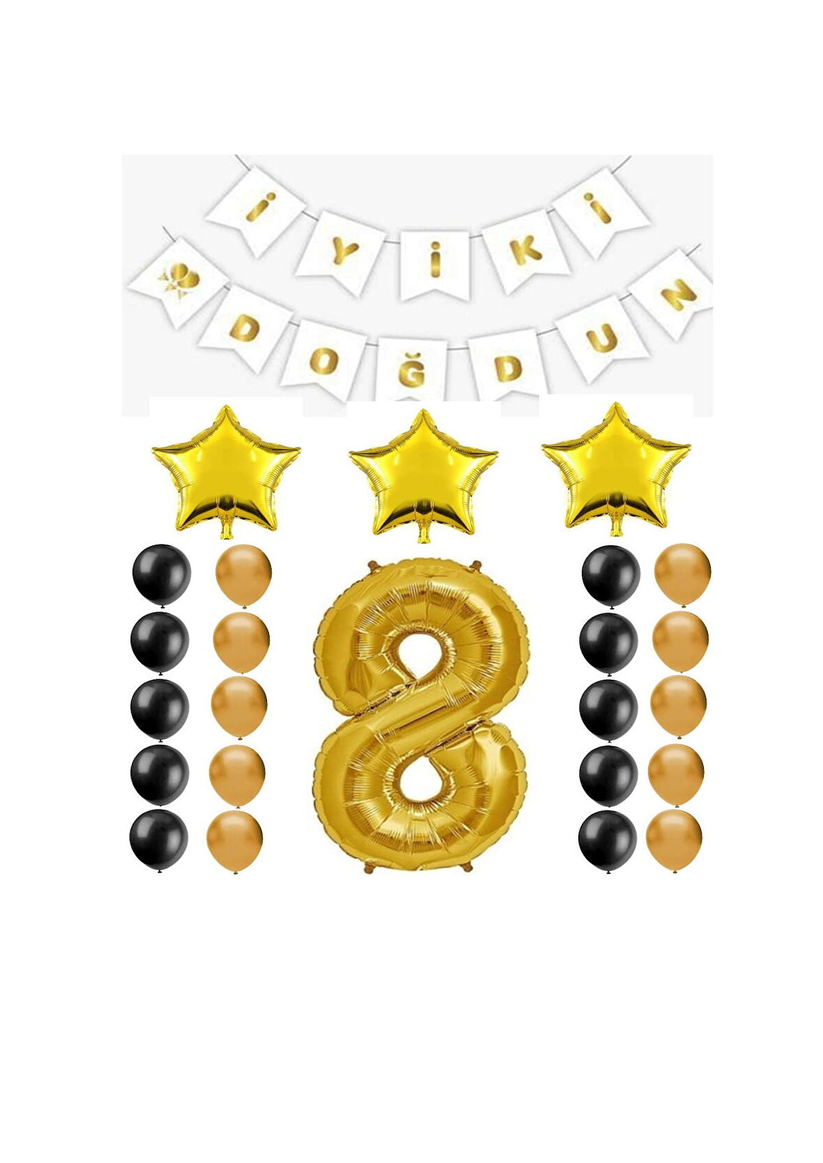 İyiki Doğdun Yazılı 8 Yaş Gold Renk Doğum Günü Parti Seti