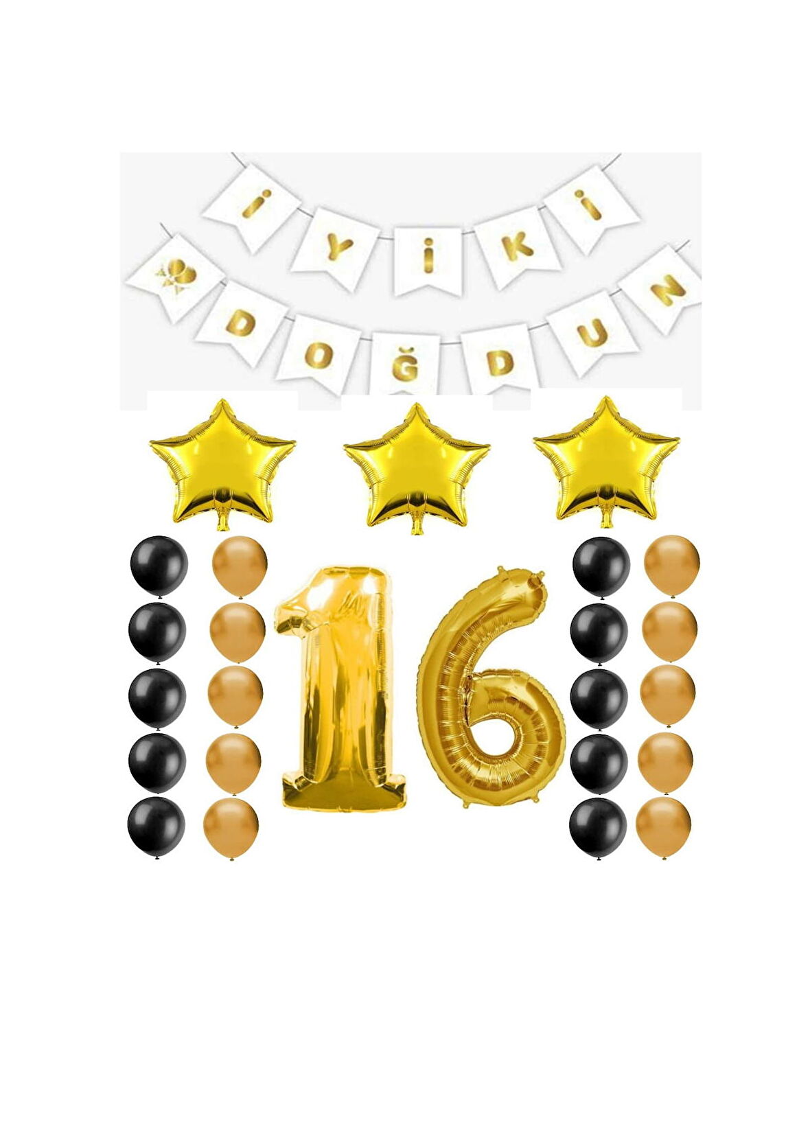 İyiki Doğdun Yazılı 16 Yaş Gold Renk Doğum Günü Parti Seti