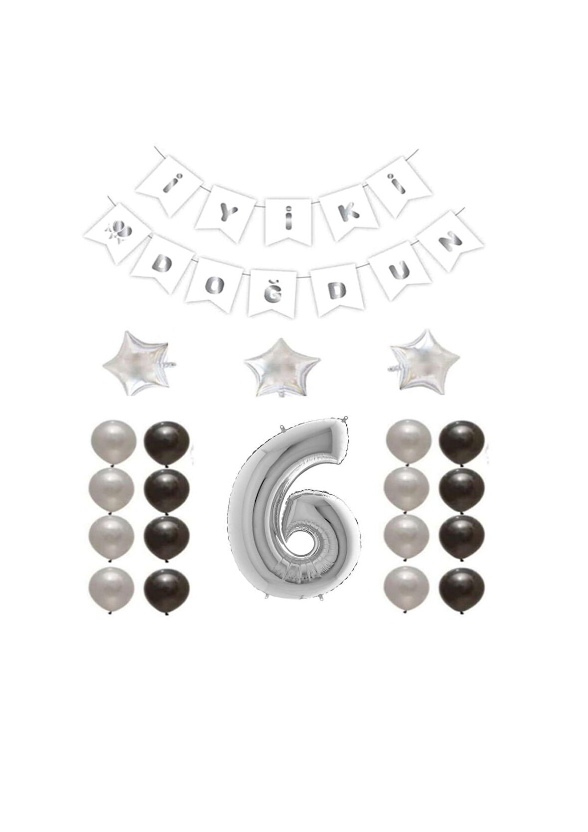 İyiki Doğdun Yazılı 6 Yaş Gümüş Renk Doğum Günü Parti Seti