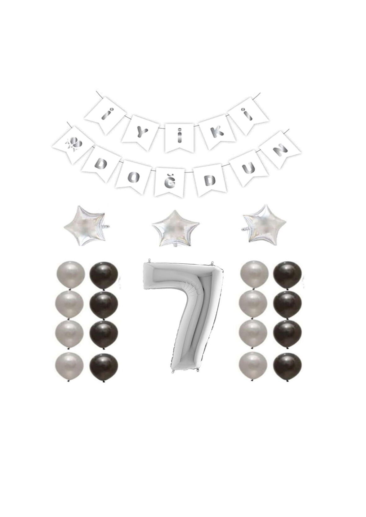 İyiki Doğdun Yazılı 7 Yaş Gümüş Renk Doğum Günü Parti Seti