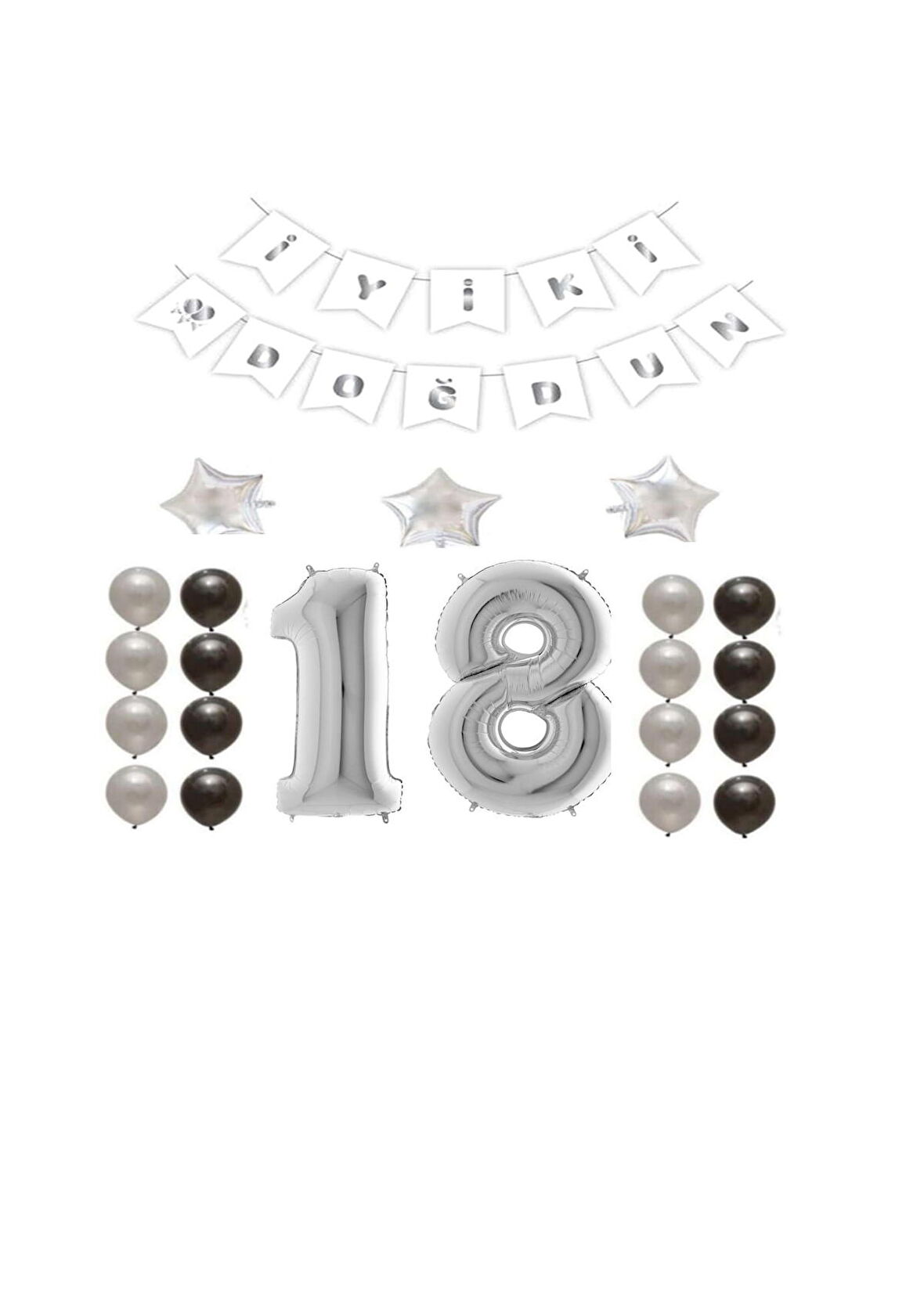 İyiki Doğdun Yazılı 18 Yaş Gümüş Renk Doğum Günü Parti Seti