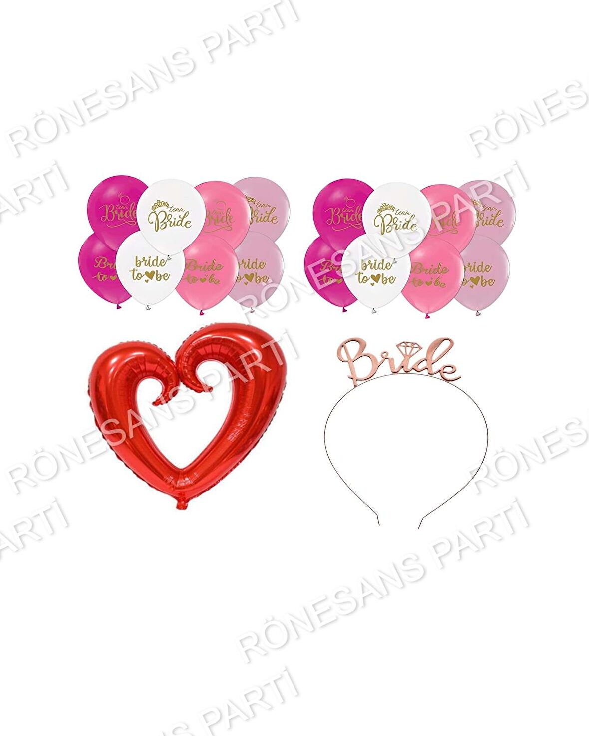 Bride Baskılı Balon Ortası Boş Kırmızı Kalp Folyo ve Brıde Taç Seti