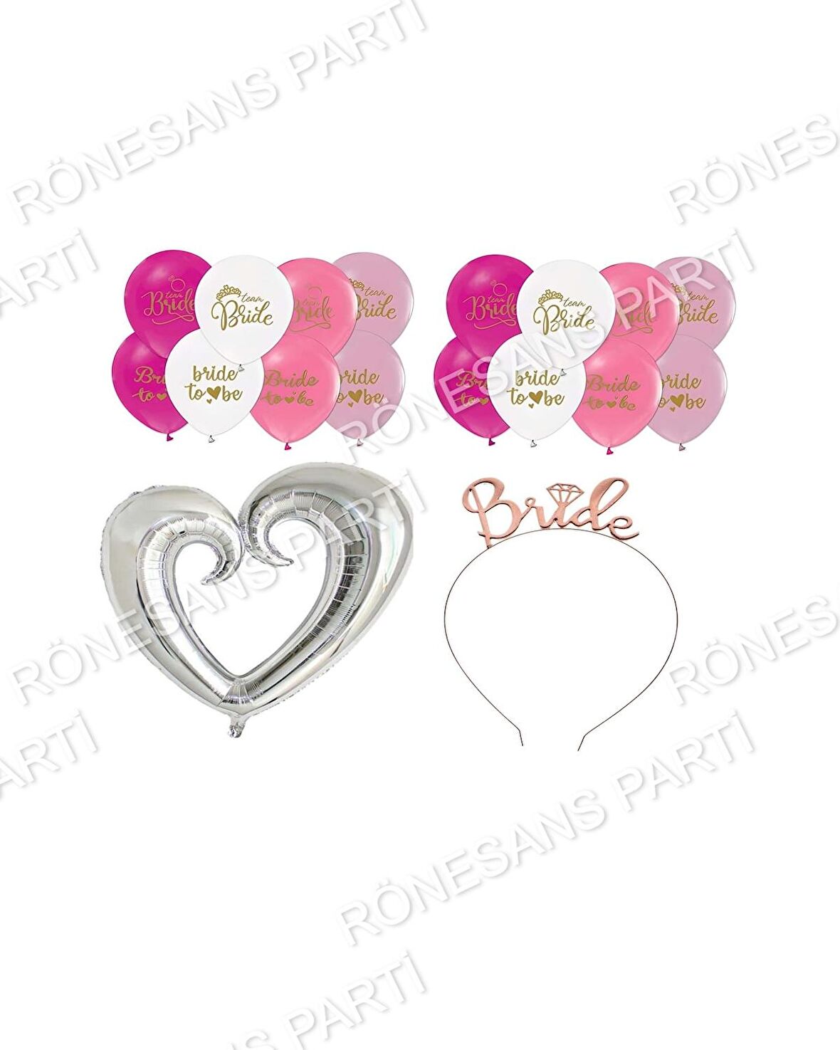 Bride Baskılı Balon Ortası Boş Gümüş Kalp Folyo ve Brıde Taç Seti