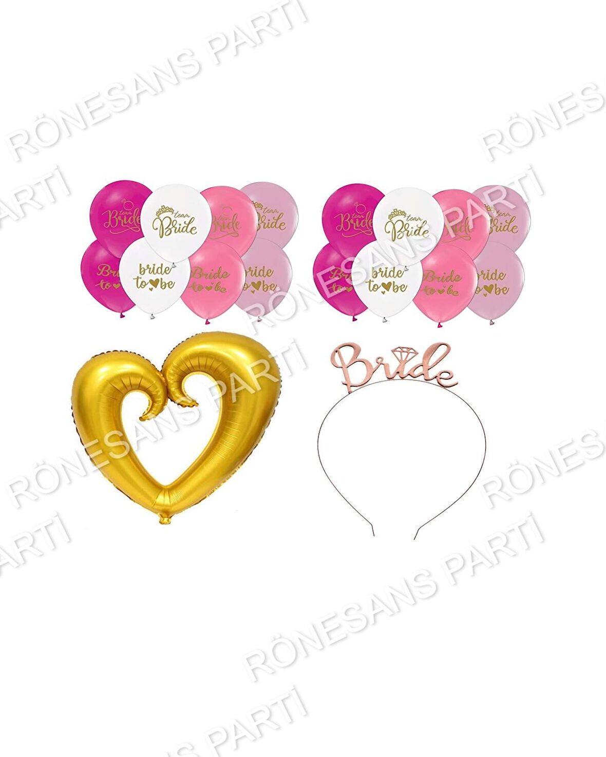 Bride Baskılı Balon Ortası Boş GoldKalp Folyo ve Brıde Taç Seti