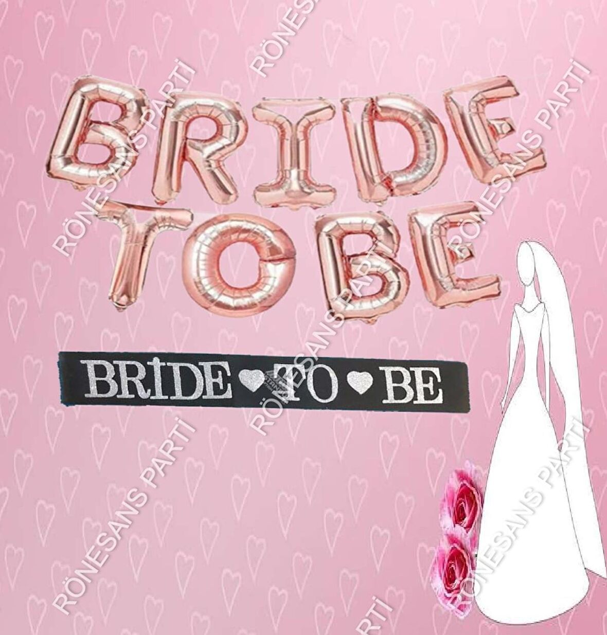 Bekarlığa Veda Partisi Bride To Be Rose Gold Balon ve Siyah Kuşak Seti