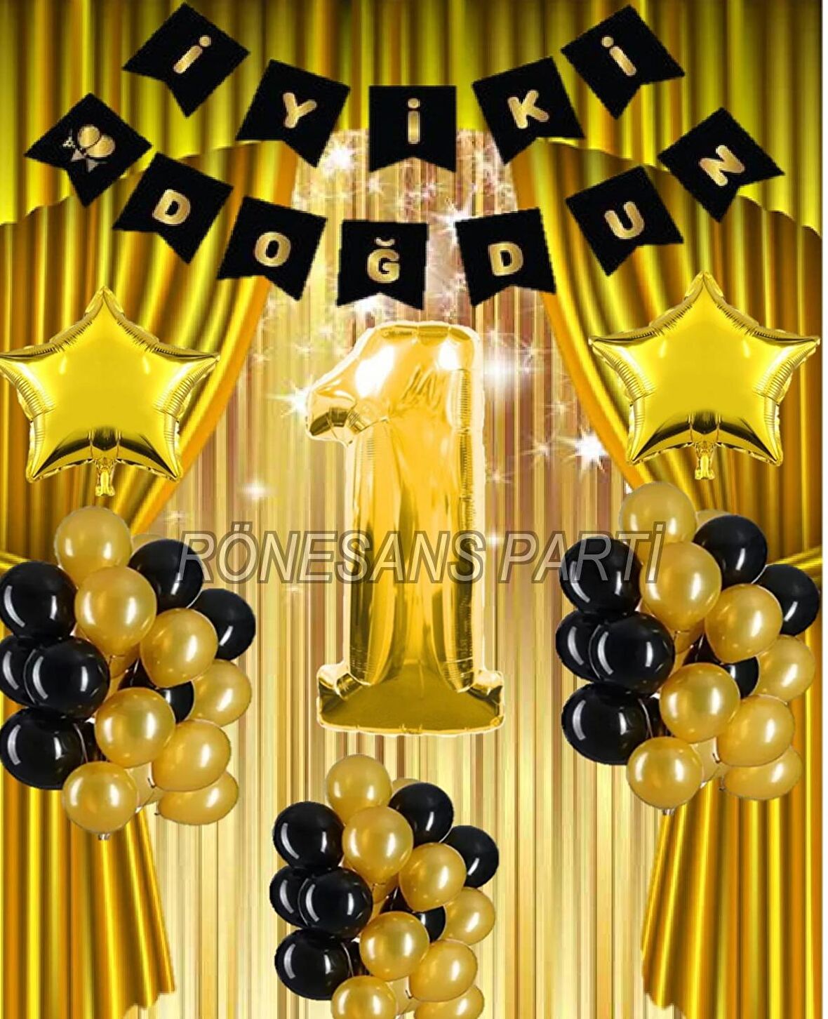 Gold Renk Yıldız Folyo Banner Balon Seti 1 Yaş