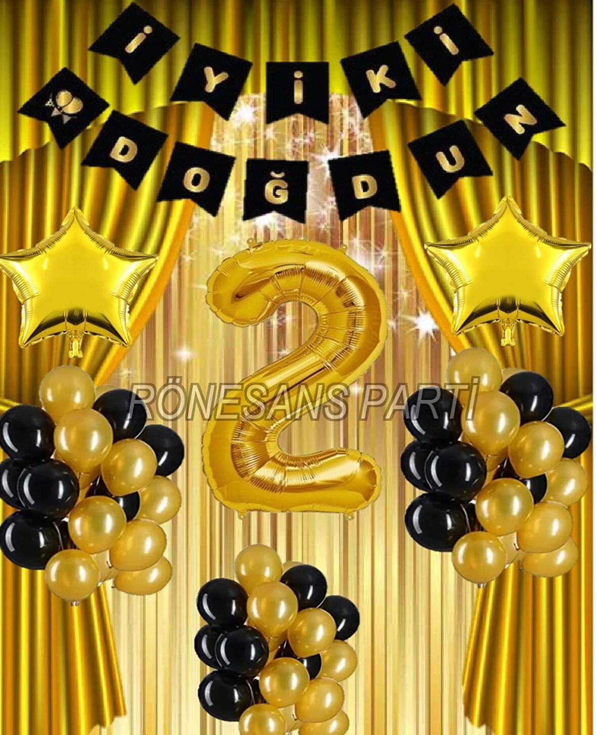 Gold Renk Yıldız Folyo Banner  Balon Seti 2 Yaş