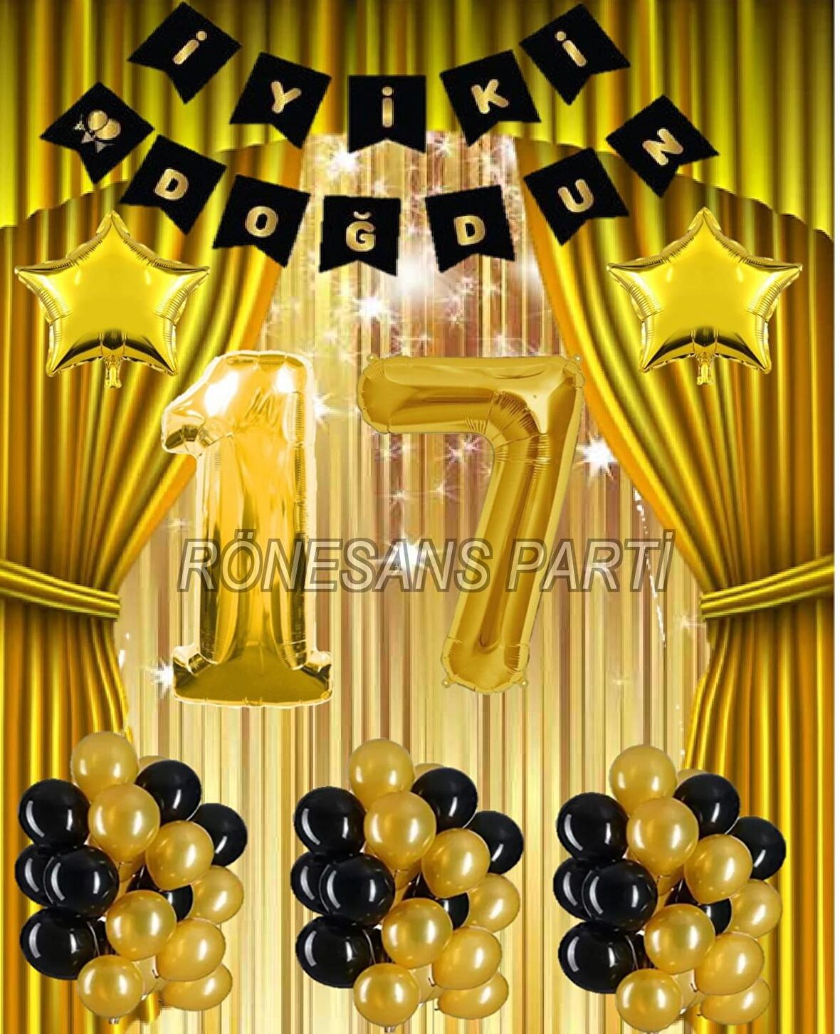 Gold Renk Yıldız Folyo Banner  Balon Seti 17 Yaş