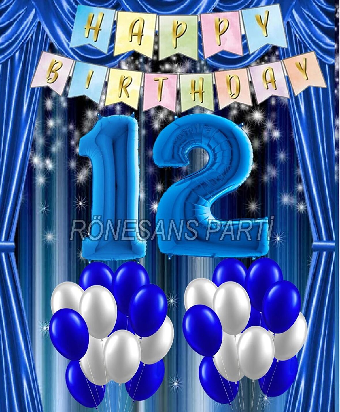 Mavi Renk Yıldız Folyo  Balon Seti 12 Yaş