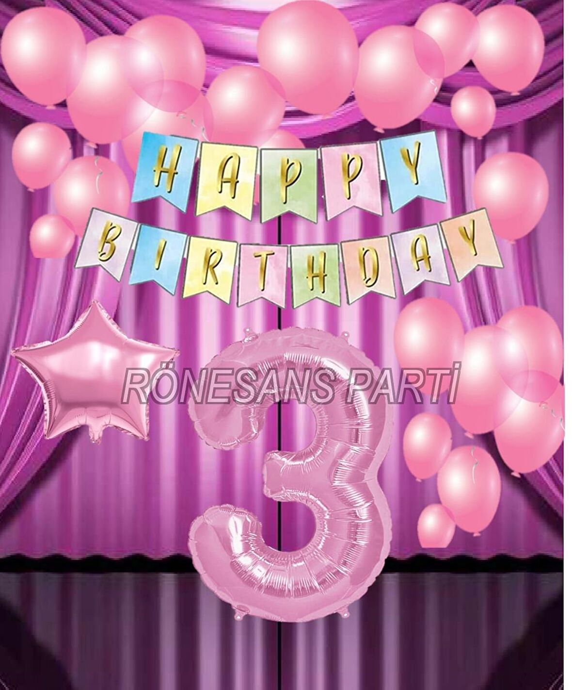 Pembe Renk Yıldız Folyo  Balon Seti 3 Yaş