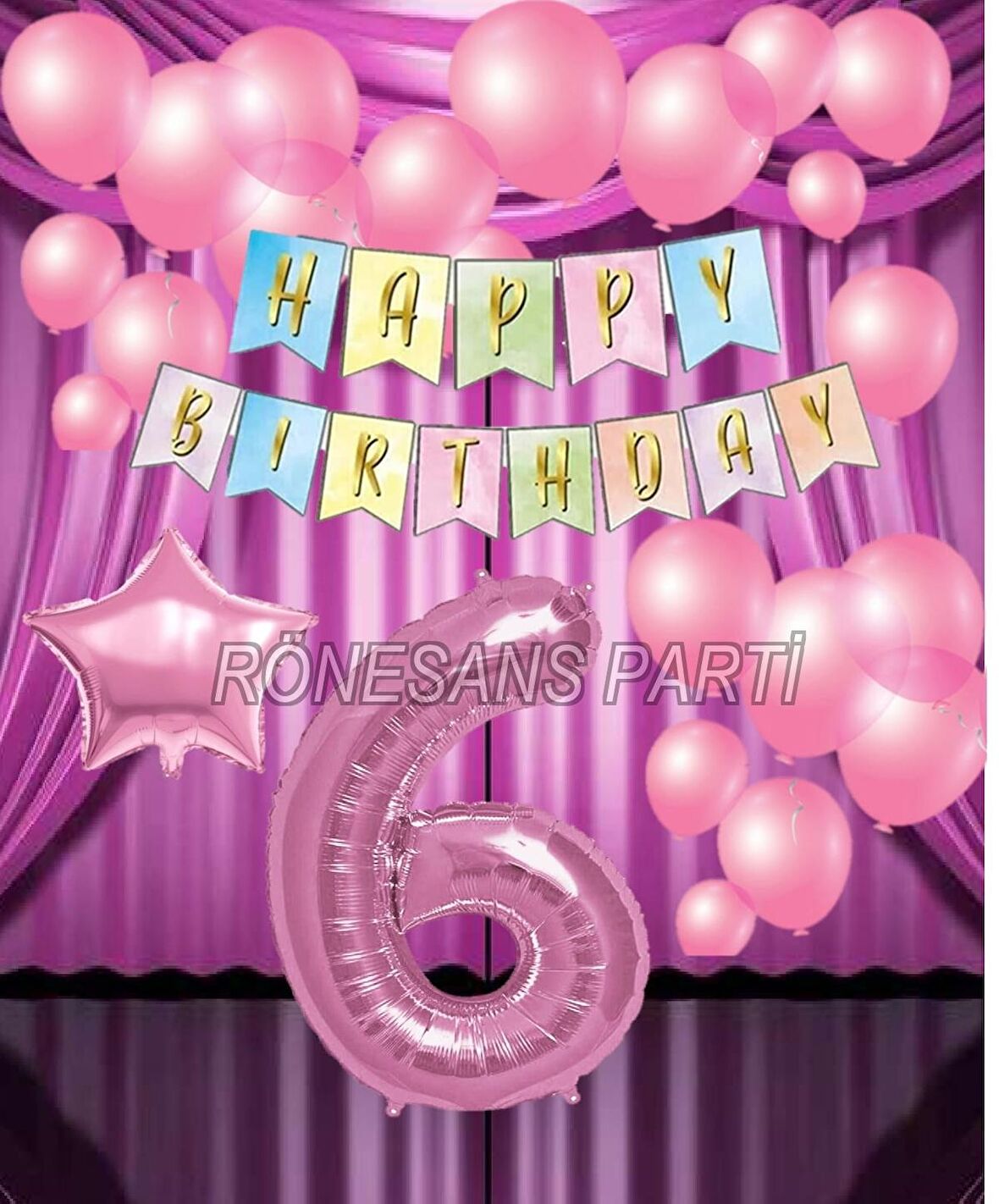 Pembe Renk Yıldız Folyo  Balon Seti 6 Yaş