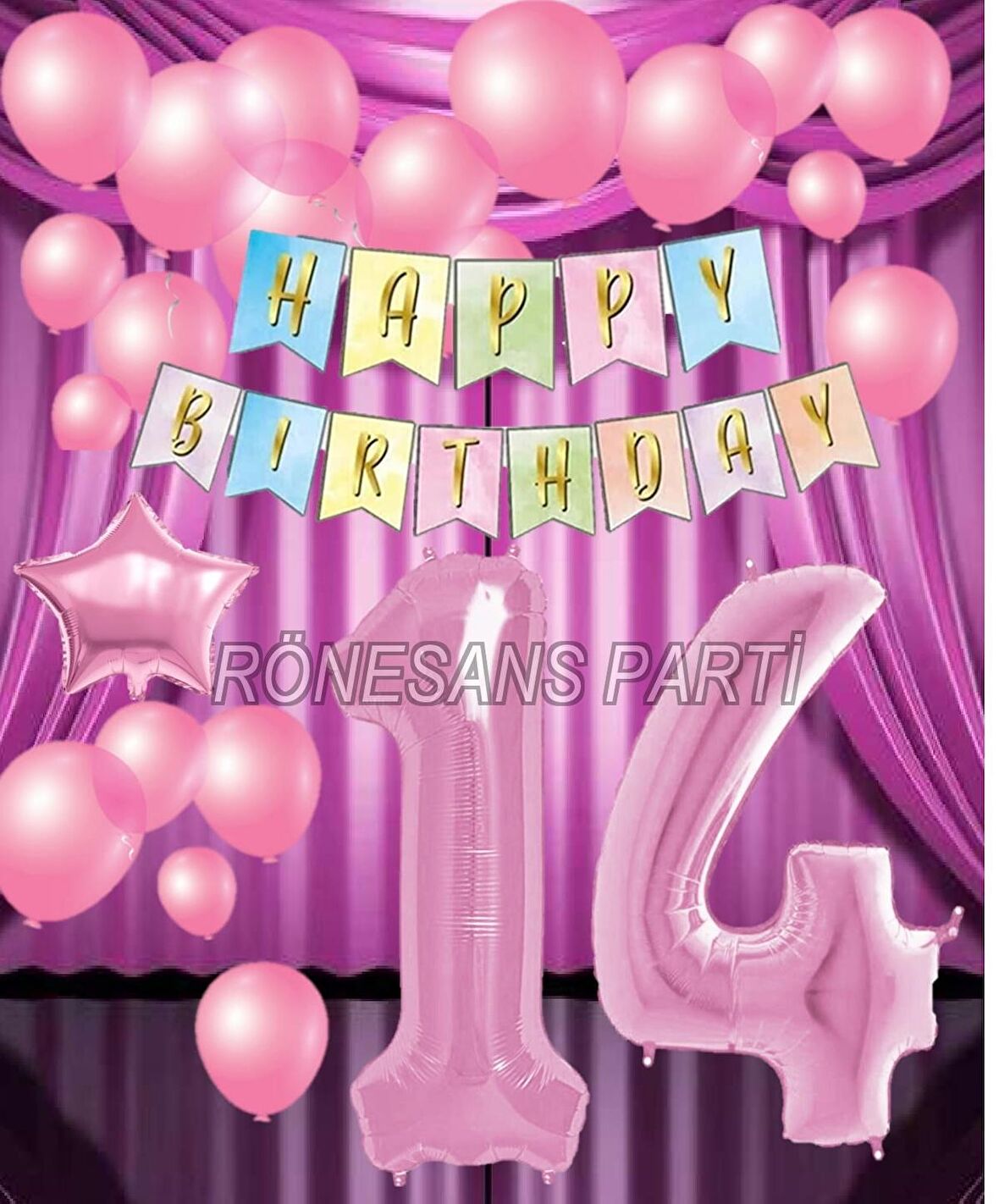 Pembe Renk Yıldız Folyo  Balon Seti 14 Yaş