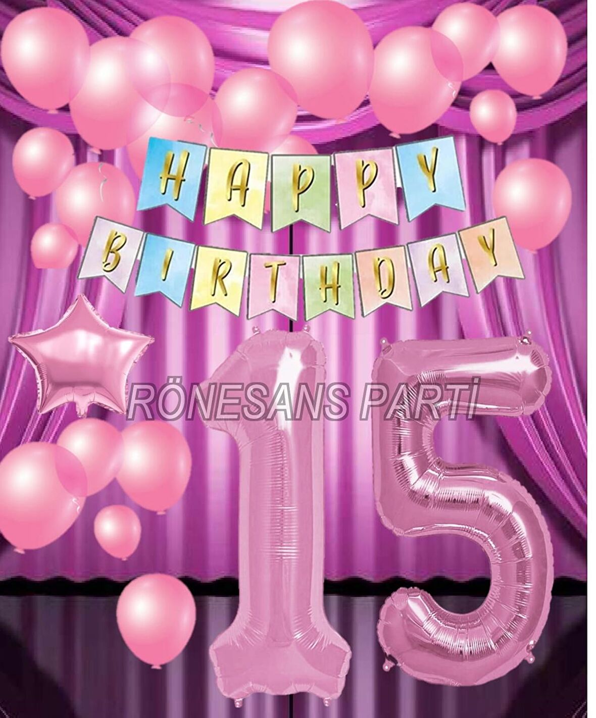 Pembe Renk Yıldız Folyo  Balon Seti 15 Yaş
