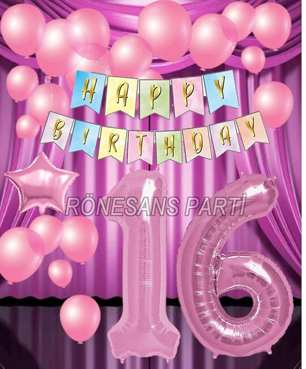 Pembe Renk Yıldız Folyo  Balon Seti 16 Yaş
