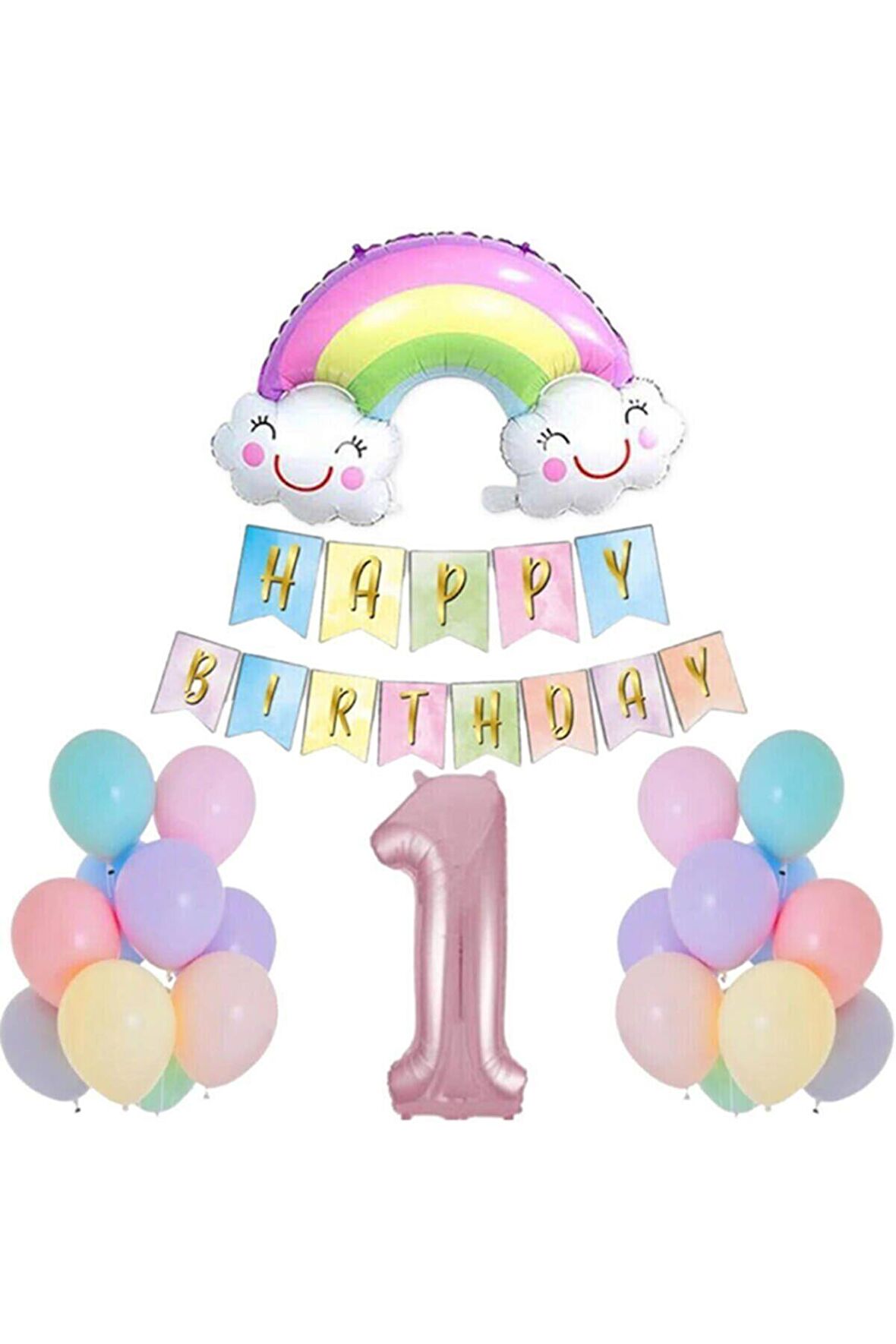 1 Yaş Gülen Gökkuşağı Pembe Rakam Folyo Balon Set