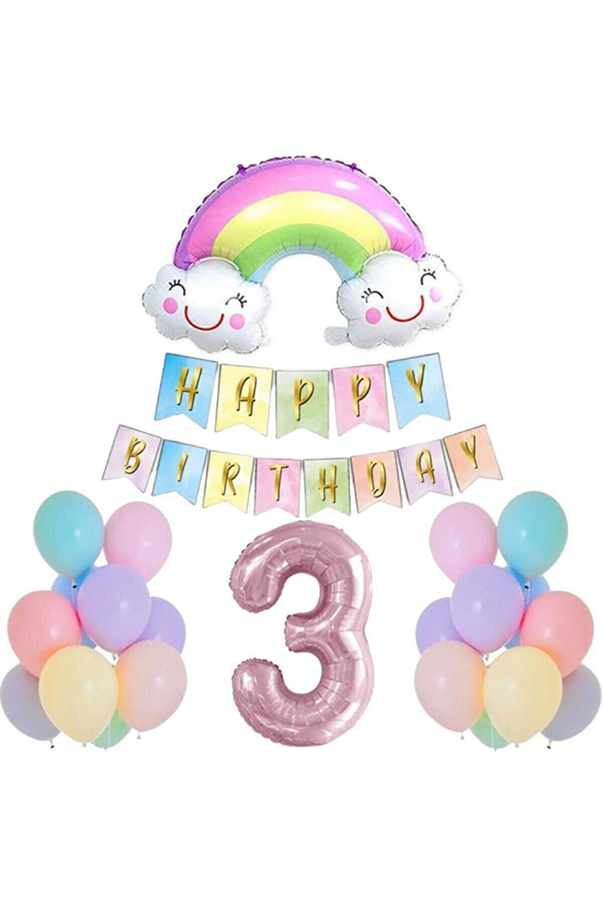 3 Yaş Gülen Gökkuşağı Pembe Rakam Folyo Balon Set