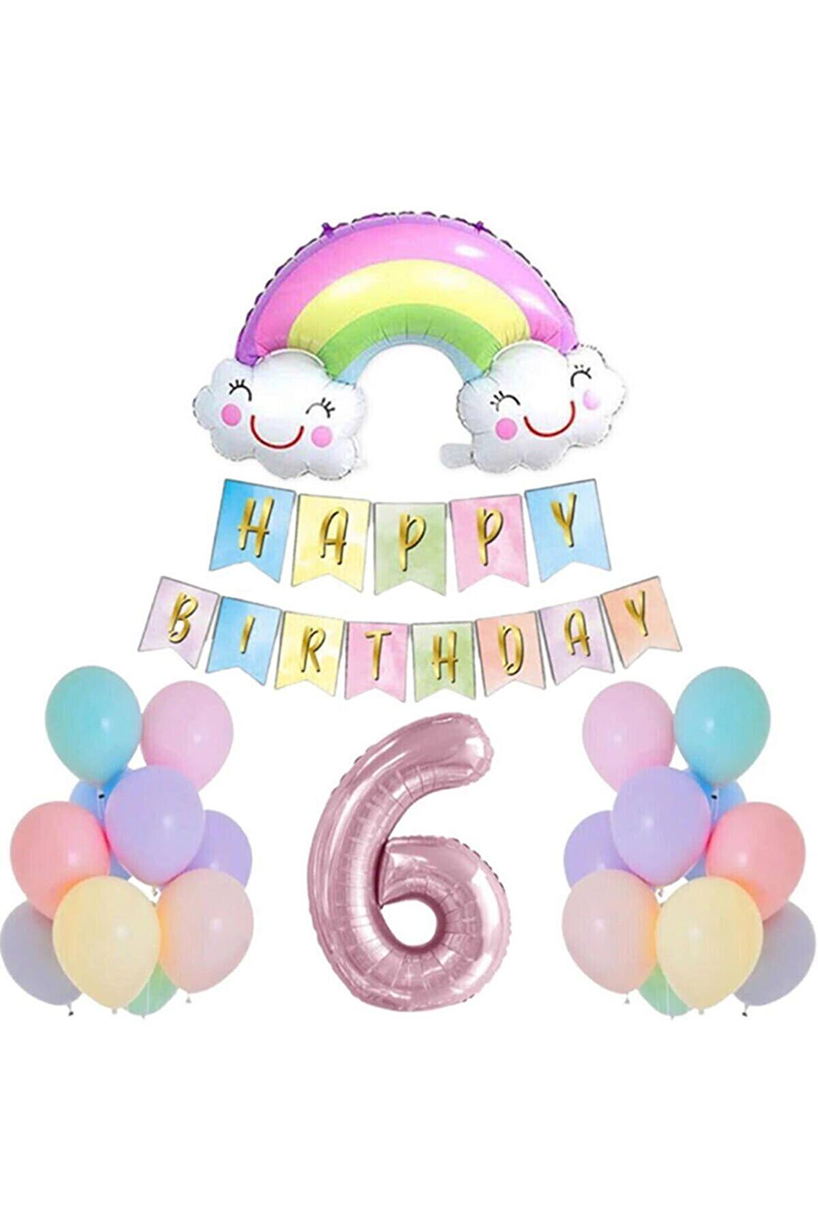 6 Yaş Gülen Gökkuşağı Pembe Rakam Folyo Balon Set