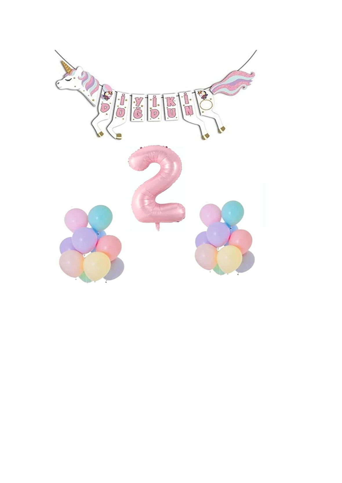 Unicorn Doğum Günü Seti Rakam Folyo 2 Yaş