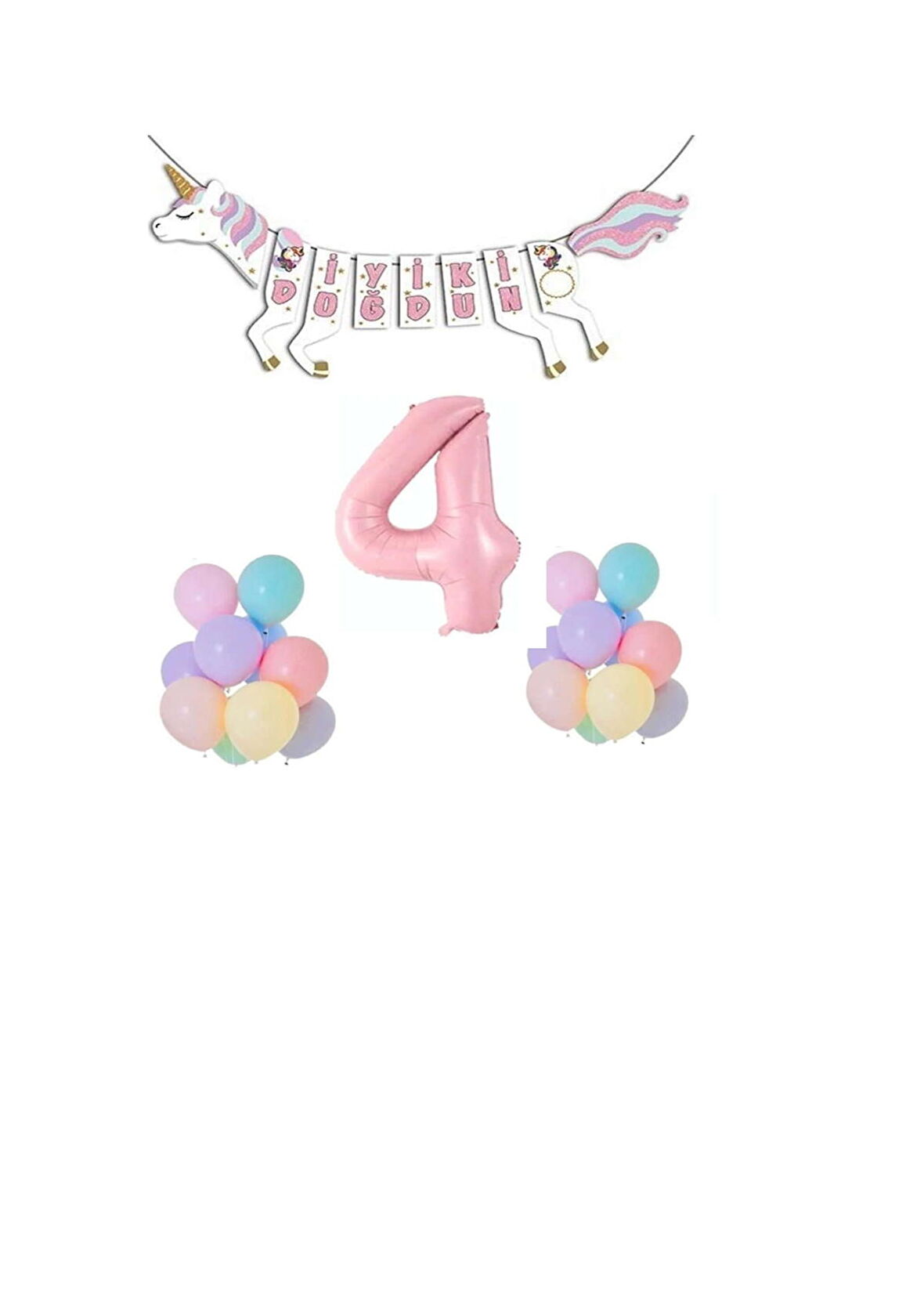 Unicorn Doğum Günü Seti Rakam Folyo 4 Yaş
