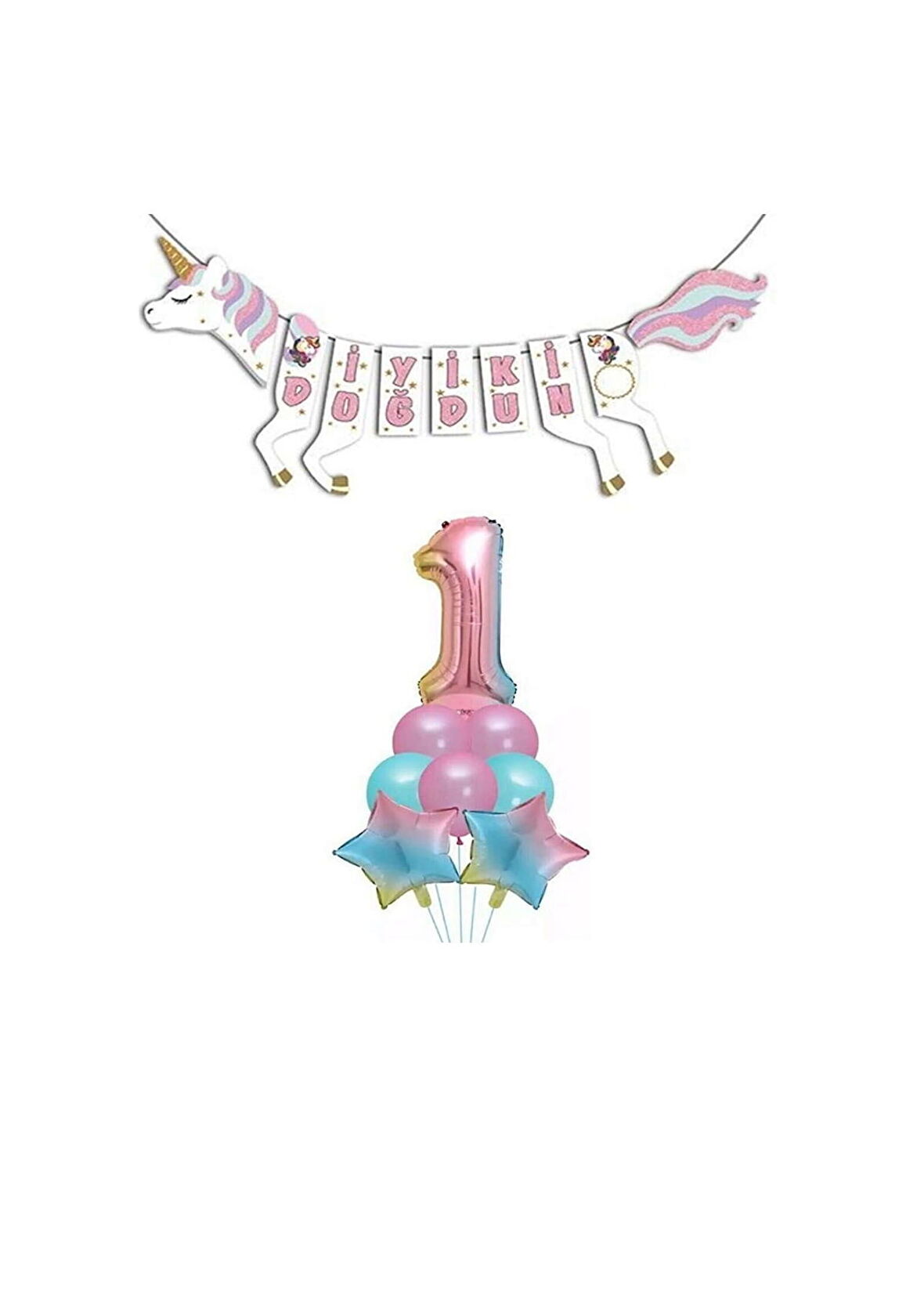 Unicorn Doğum Günü Seti Rakam Folyo Gökkuşağı 1 Yaş