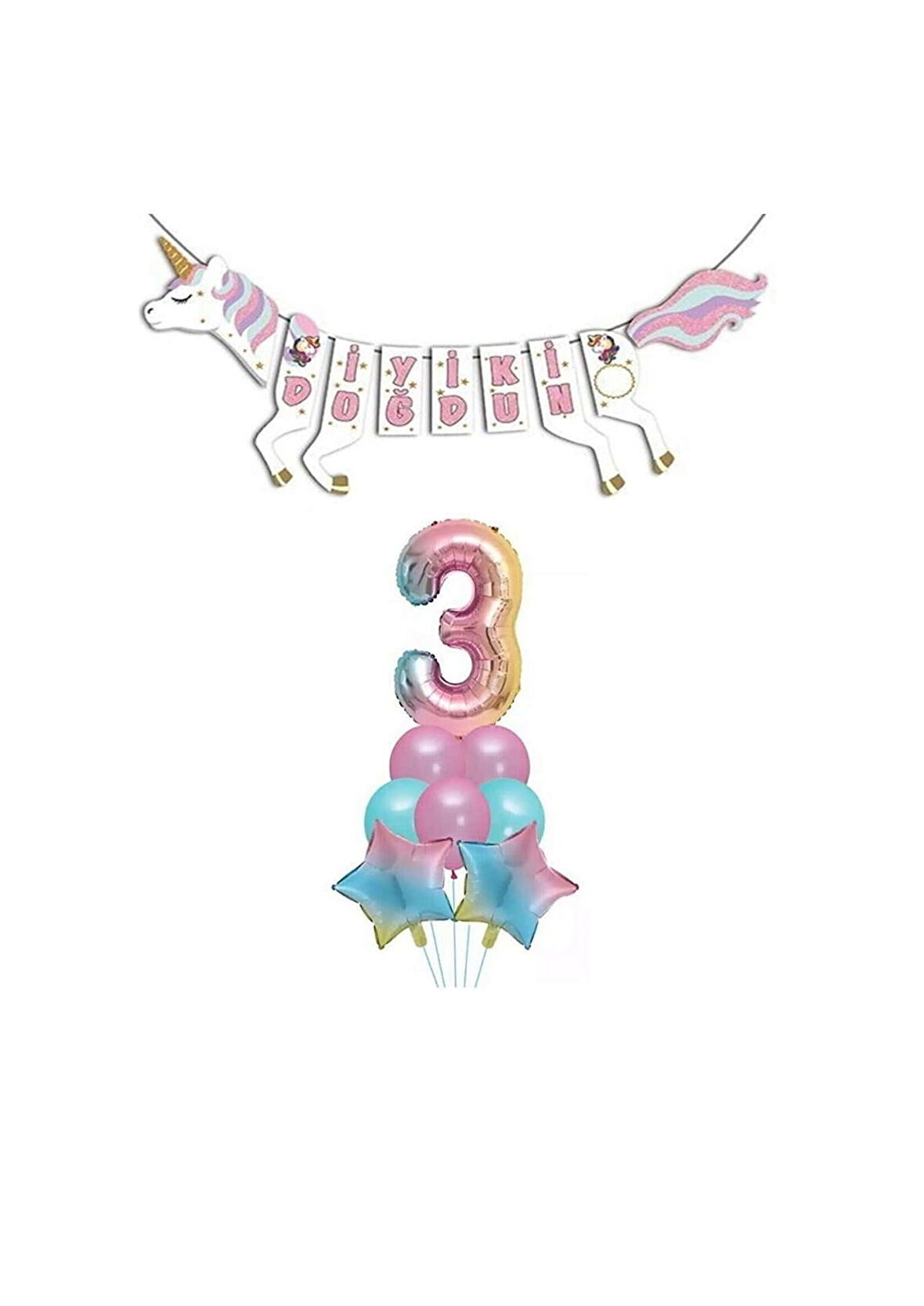 Unicorn Doğum Günü Seti Rakam Folyo Gökkuşağı 3 Yaş