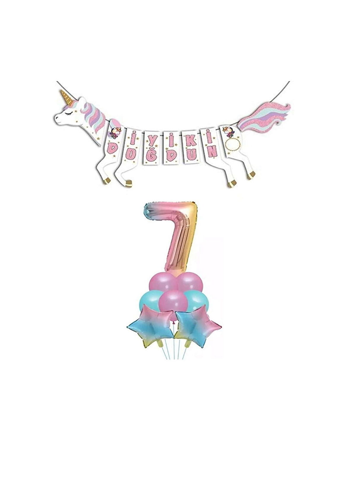 Unicorn Doğum Günü Seti Rakam Folyo Gökkuşağı 7 Yaş