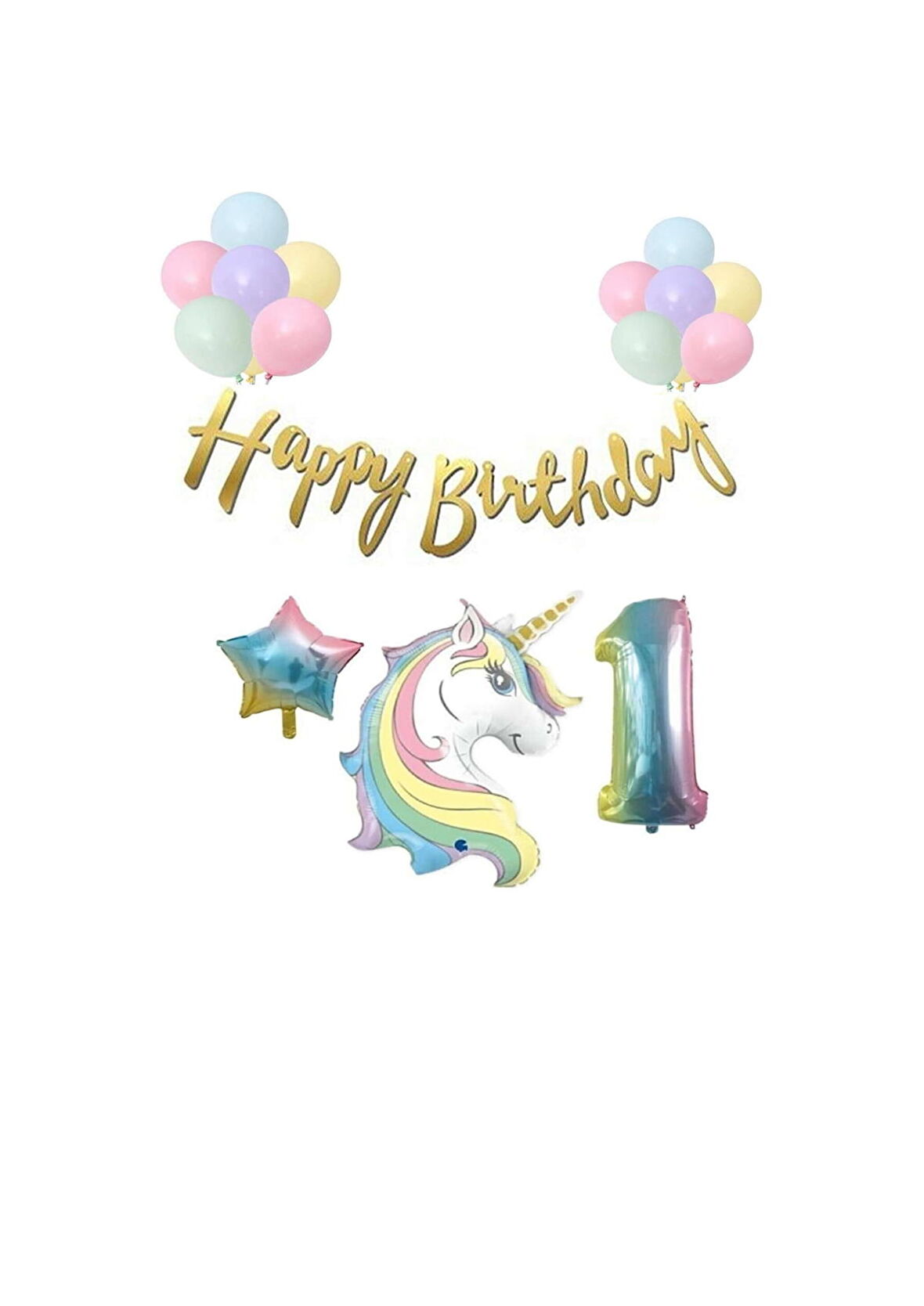 Unicorn Balonlu Kaligrafi Happy Bırthday 1 Yaş Balon Set