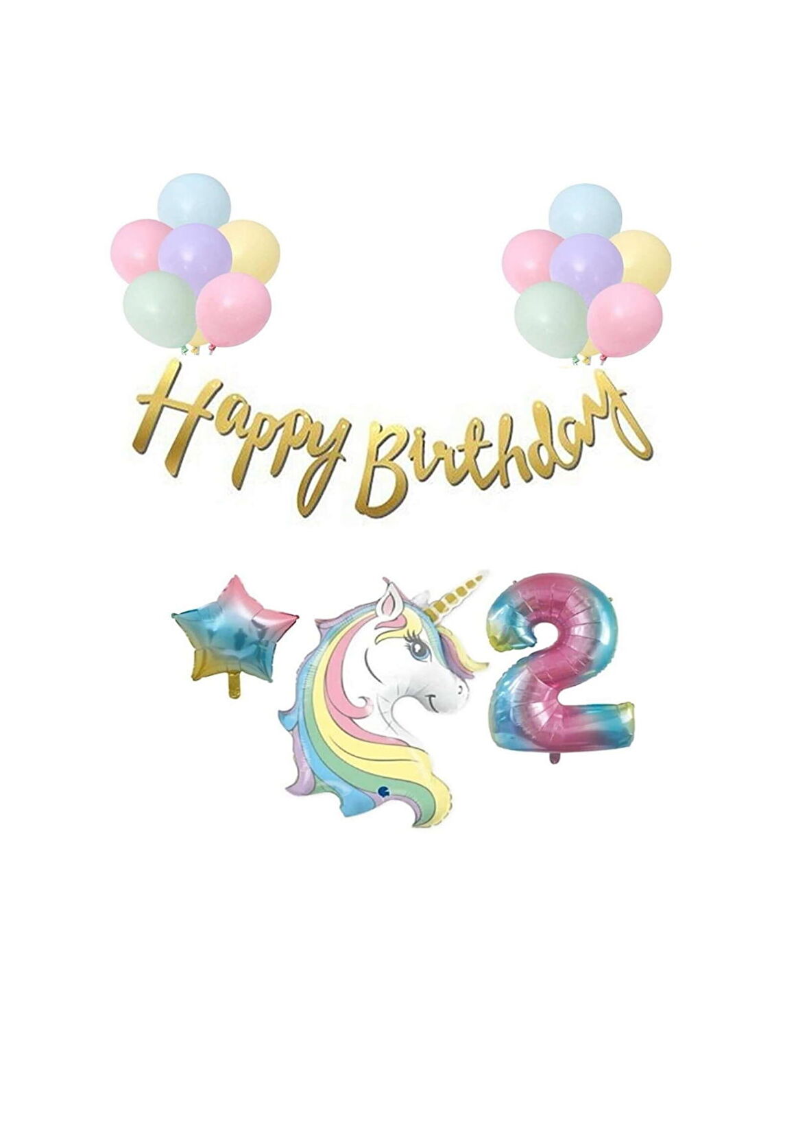 Unicorn Balonlu Kaligrafi Happy Bırthday 2 Yaş Balon Set