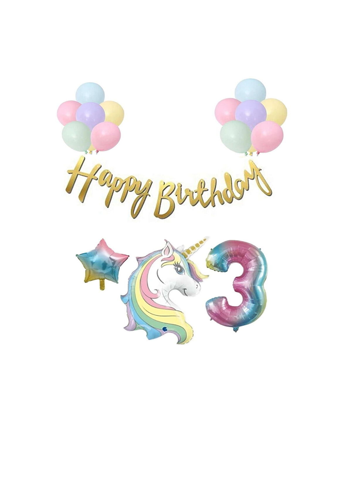 Unicorn Balonlu Kaligrafi Happy Bırthday 3 Yaş Balon Set