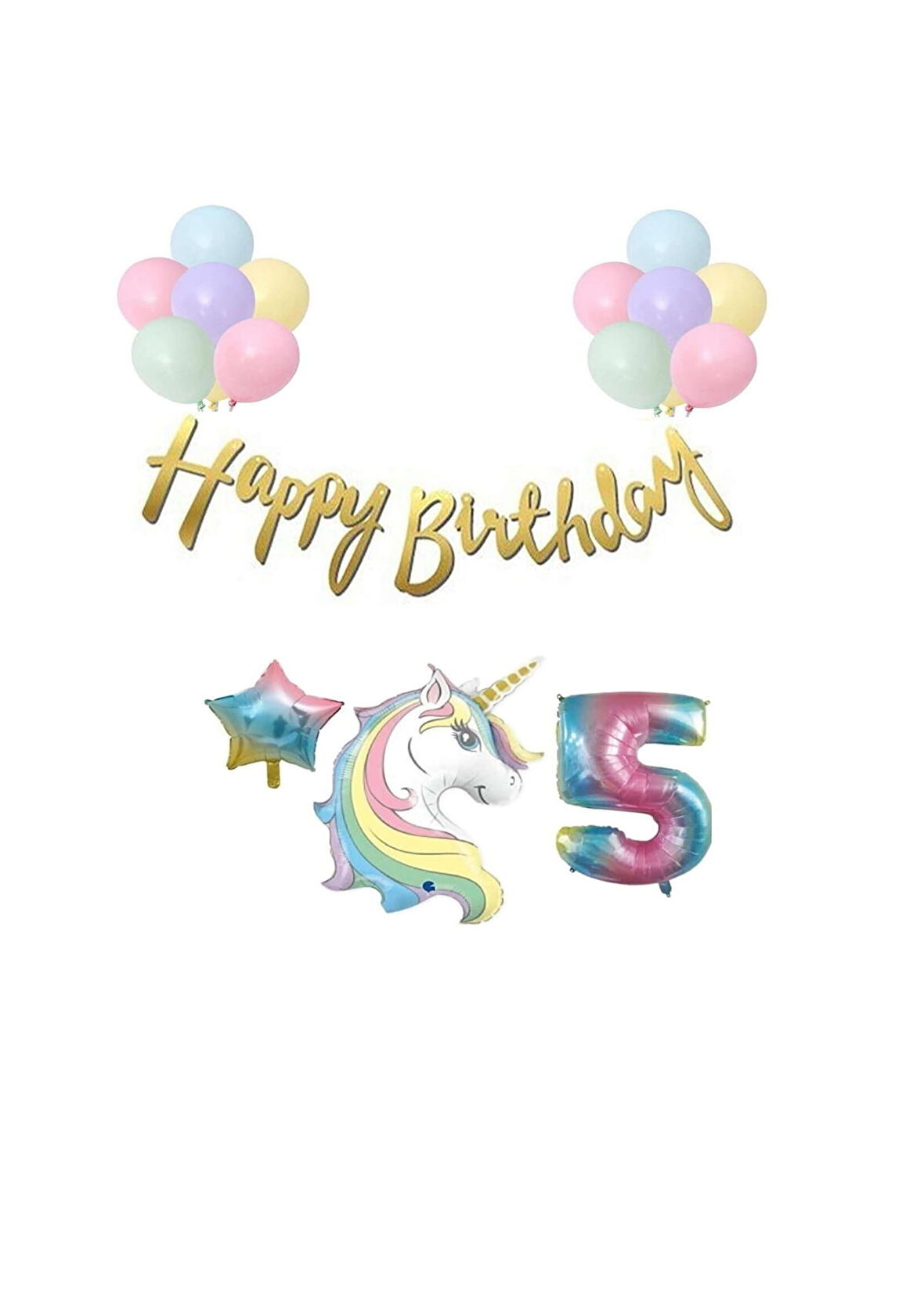 Unicorn Balonlu Kaligrafi Happy Bırthday 5 Yaş Balon Set