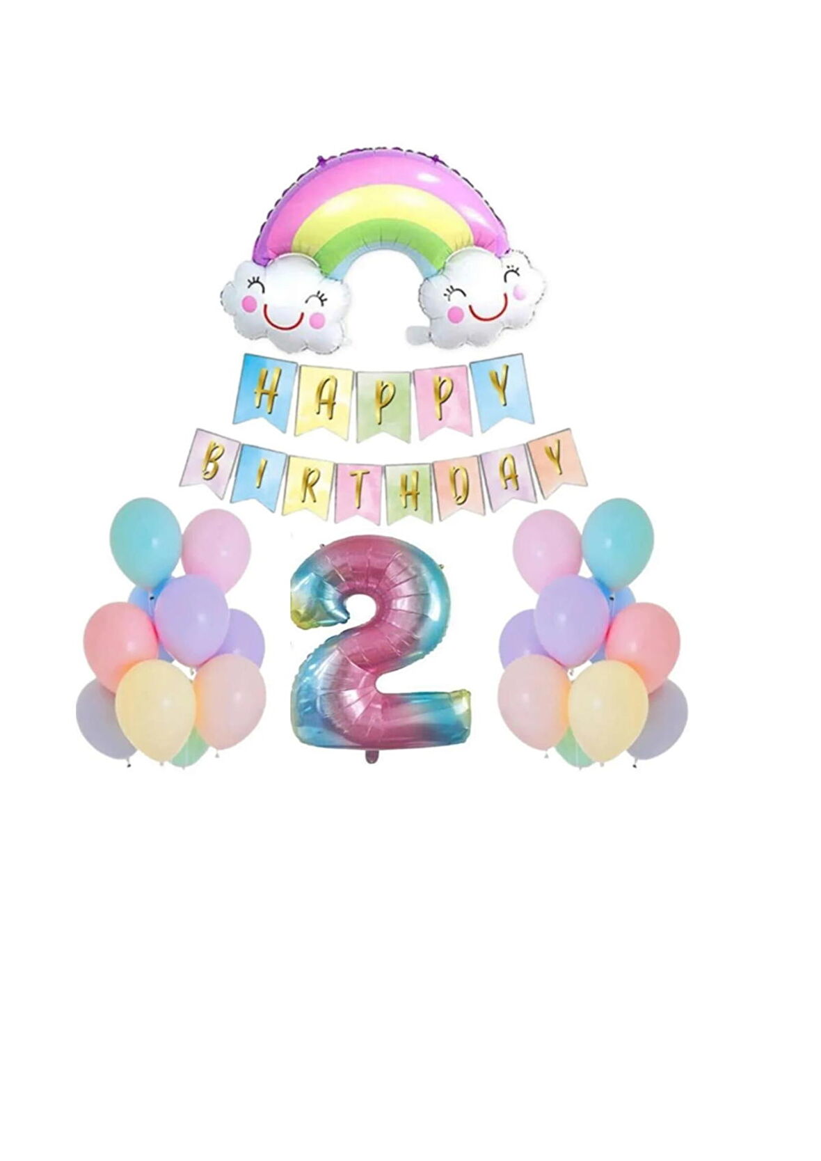 2 Yaş Gülen Gökkuşağı Rakam Folyo Balon Set