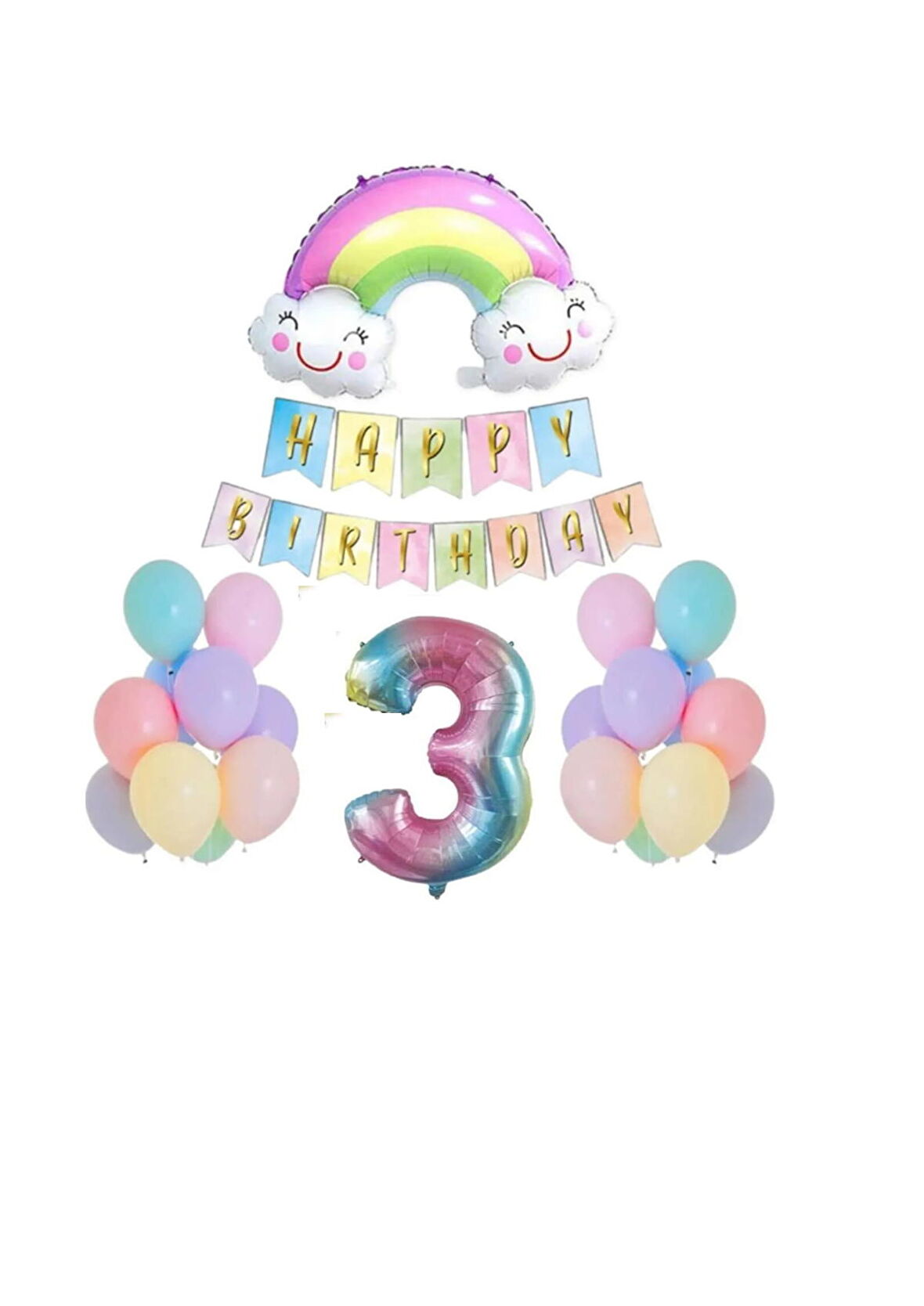 3 Yaş Gülen Gökkuşağı Rakam Folyo Balon Set