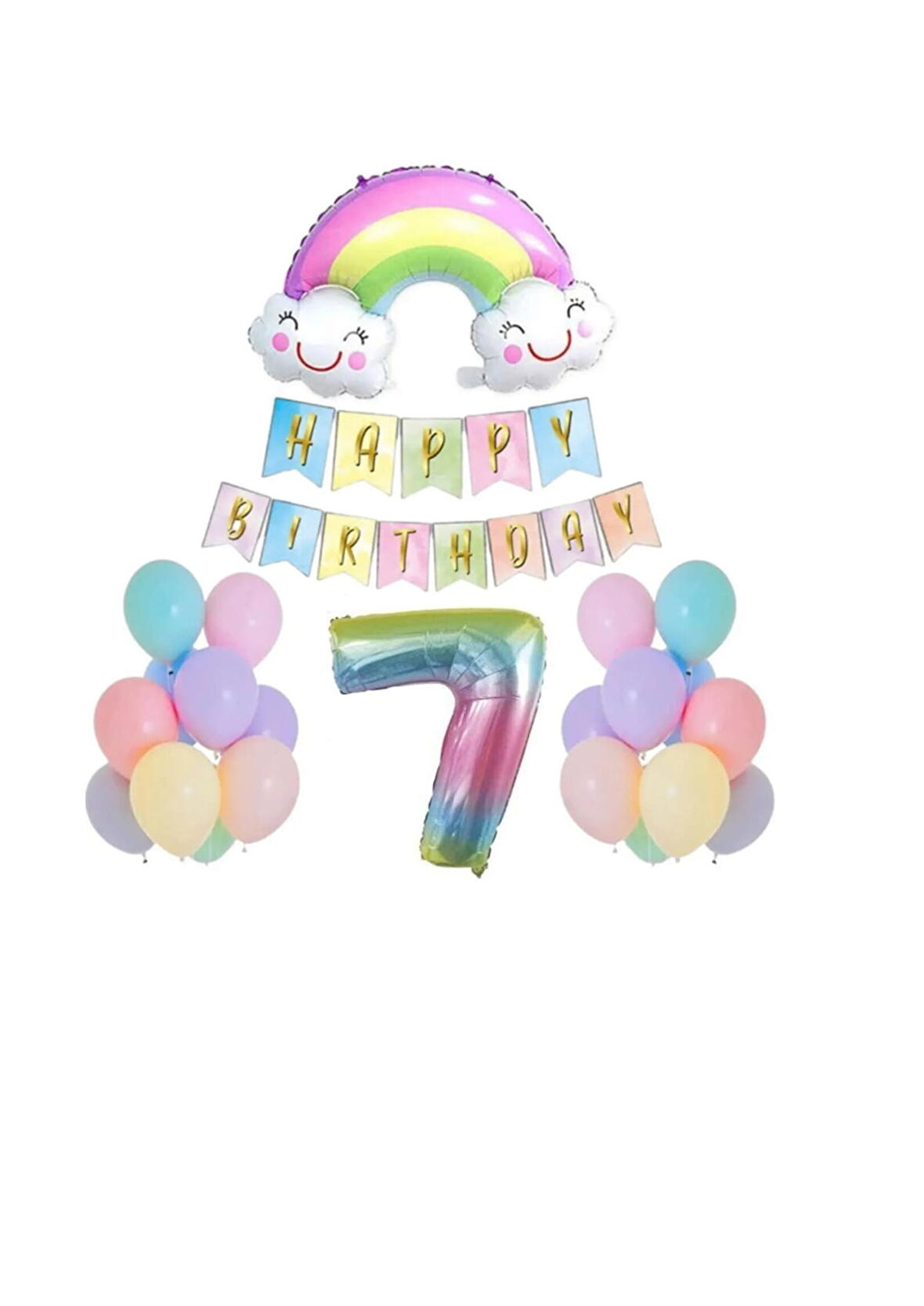 7 Yaş Gülen Gökkuşağı Rakam Folyo Balon Set