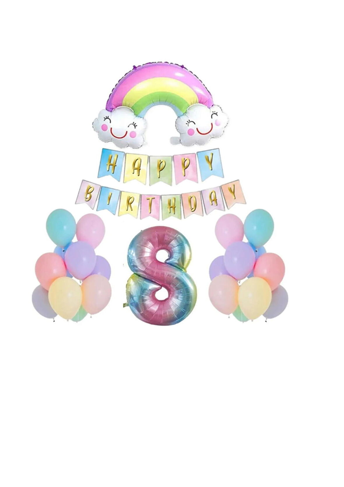 8 Yaş Gülen Gökkuşağı Rakam Folyo Balon Set