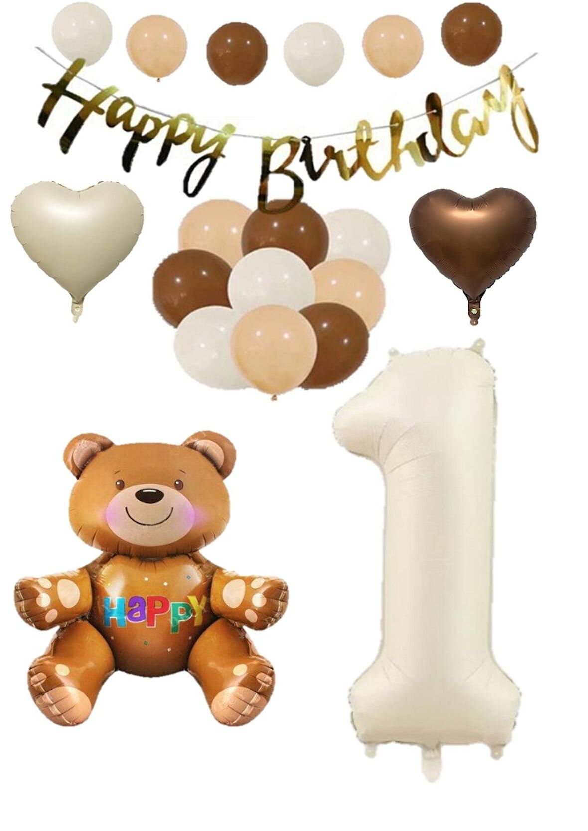 Happy Bırthday Banner Oturan Ayı, Bej Rakam, Kalp Folyo ve Latex Balon Seti Yaş 1