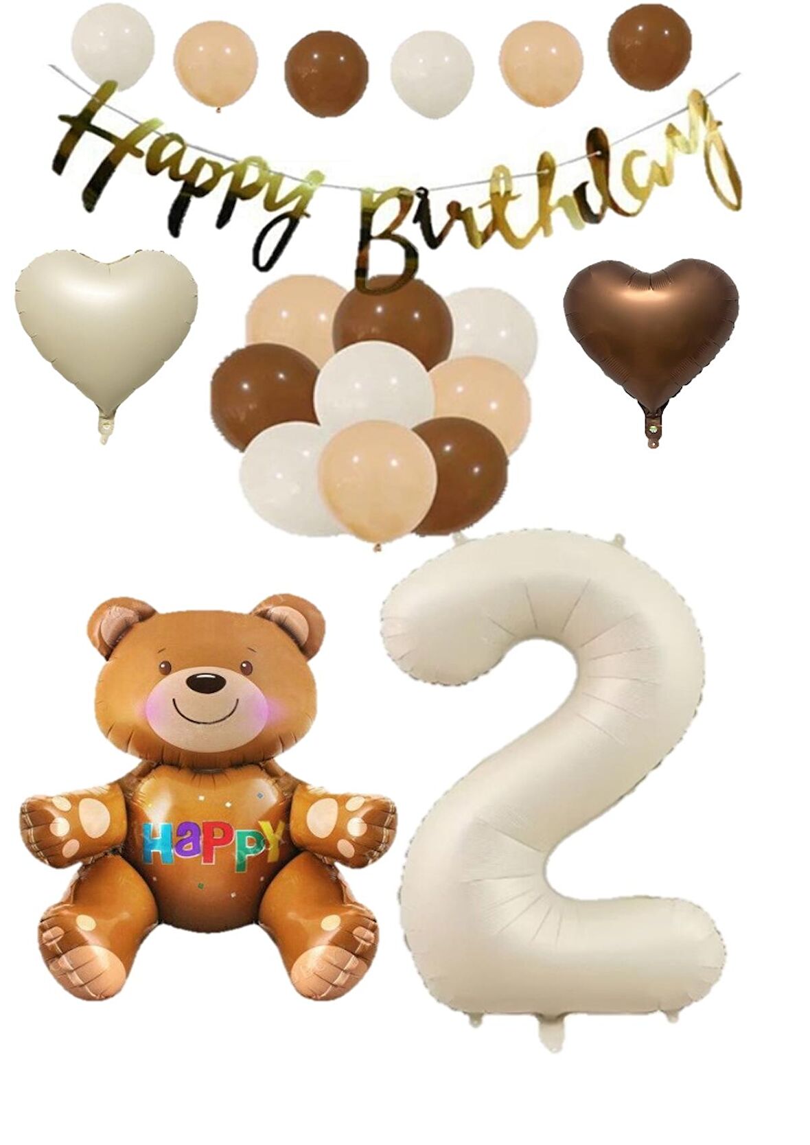Happy Bırthday Banner Oturan Ayı, Bej Rakam, Kalp Folyo ve Latex Balon Seti Yaş 2