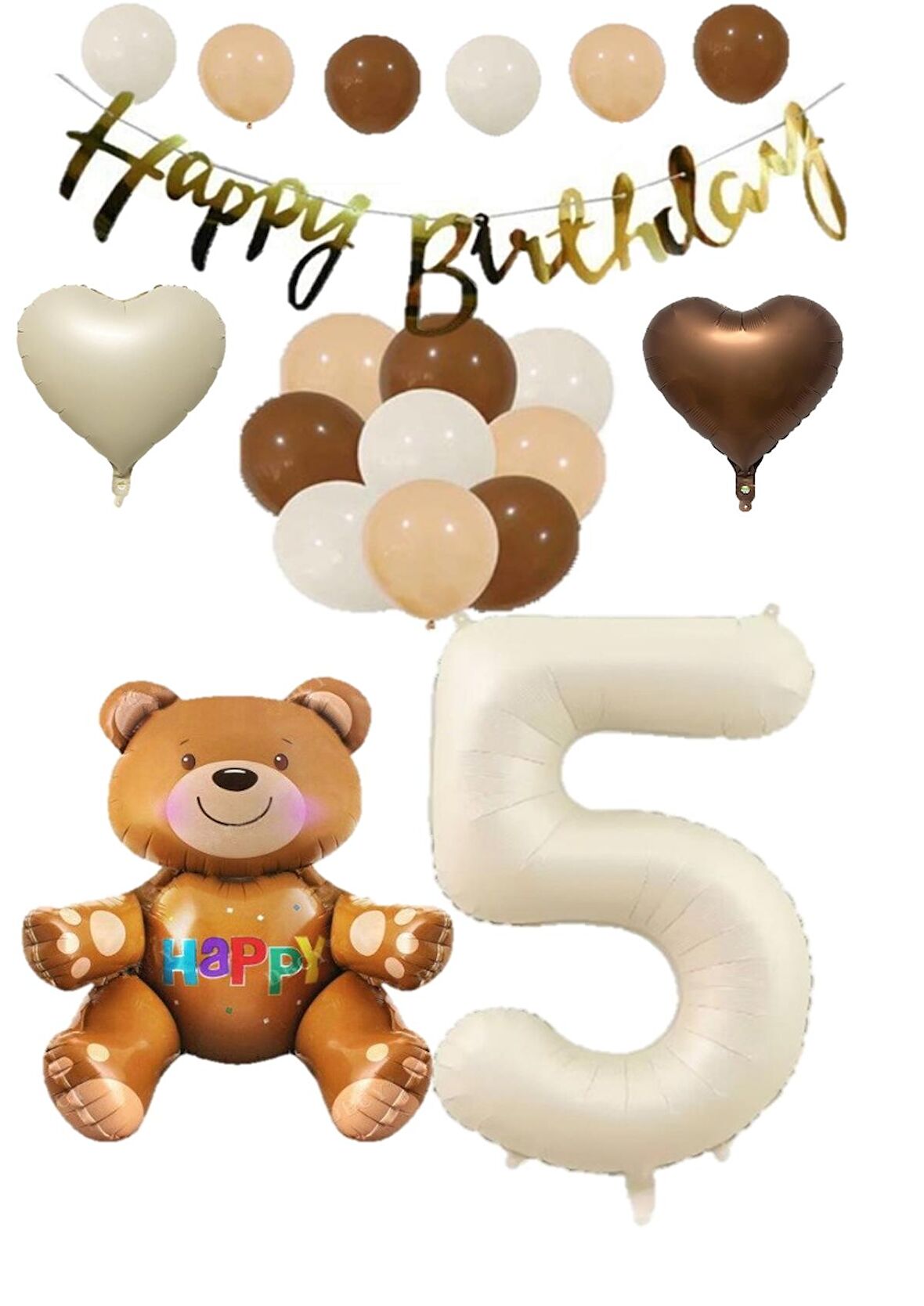 Happy Bırthday Banner Oturan Ayı, Bej Rakam, Kalp Folyo ve Latex Balon Seti Yaş 5