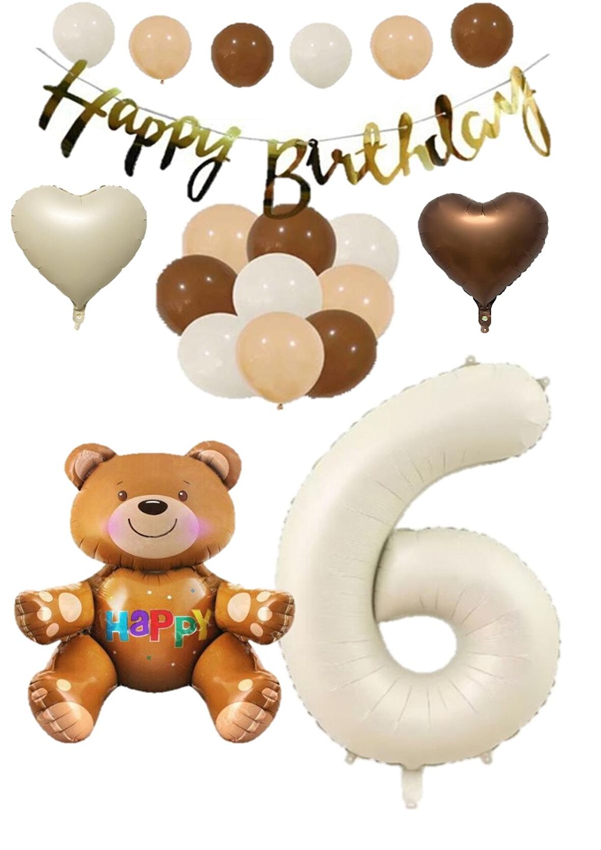 Happy Bırthday Banner Oturan Ayı, Bej Rakam, Kalp Folyo ve Latex Balon Seti Yaş 6