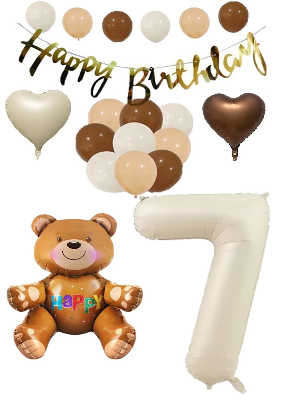 Happy Bırthday Banner Oturan Ayı, Bej Rakam, Kalp Folyo ve Latex Balon Seti Yaş 7