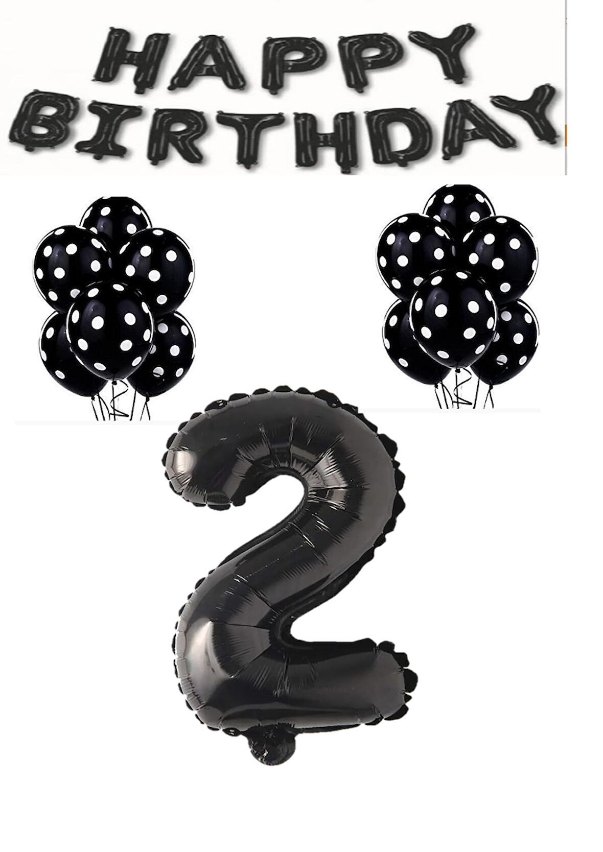Happy Bırthday,Siyah Rakam Folyo Balon ve Siyah Beyaz Puanlı Balon Seti Yaş 2