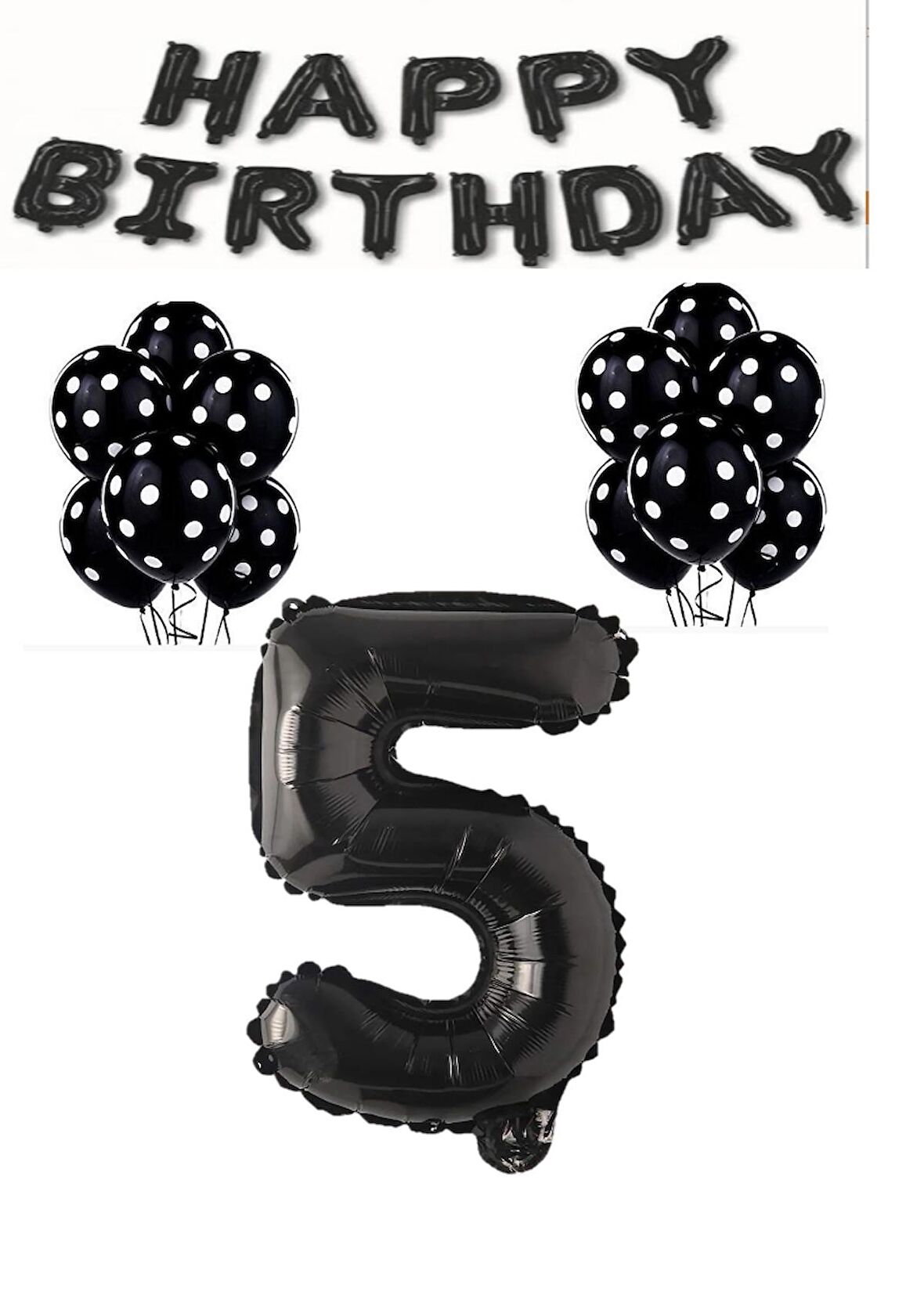 Happy Bırthday,Siyah Rakam Folyo Balon ve Siyah Beyaz Puanlı Balon Seti Yaş 5