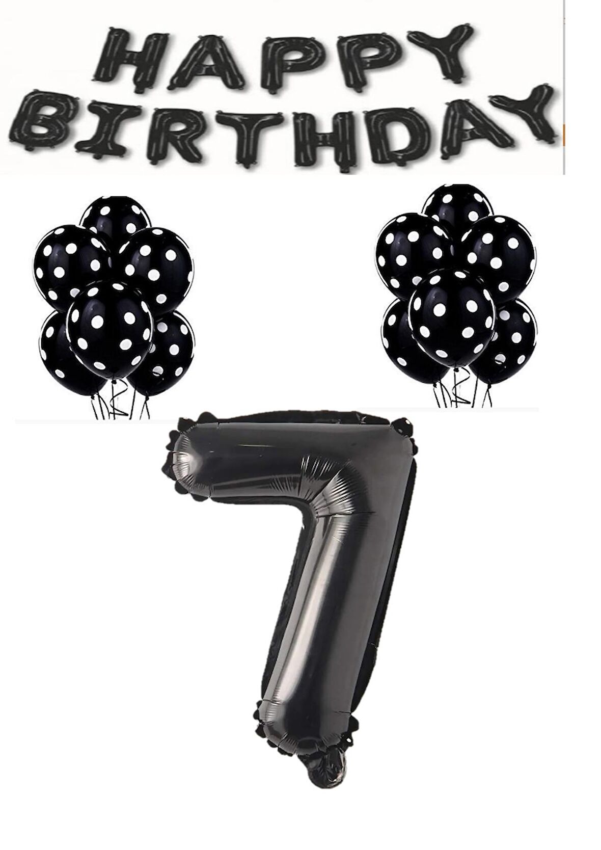 Happy Bırthday,Siyah Rakam Folyo Balon ve Siyah Beyaz Puanlı Balon Seti Yaş 7