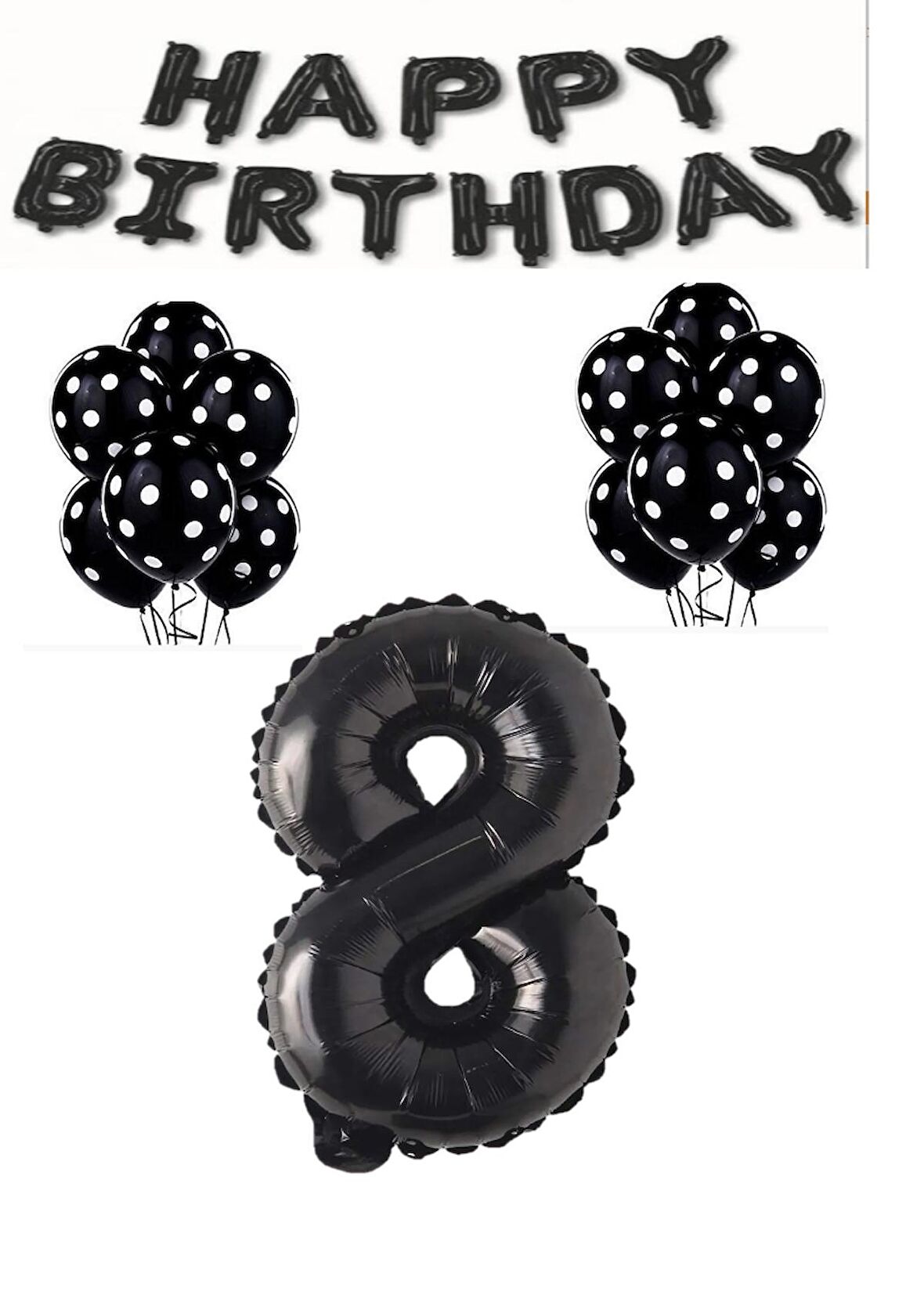 Happy Bırthday,Siyah Rakam Folyo Balon ve Siyah Beyaz Puanlı Balon Seti Yaş 8