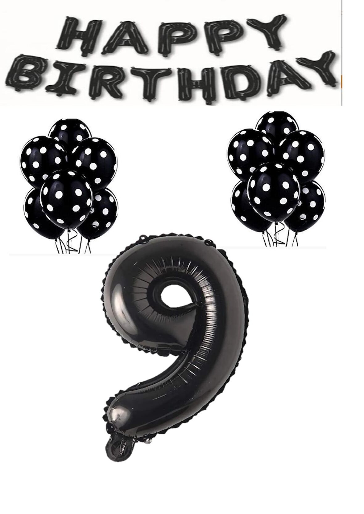 Happy Bırthday,Siyah Rakam Folyo Balon ve Siyah Beyaz Puanlı Balon Seti Yaş 9