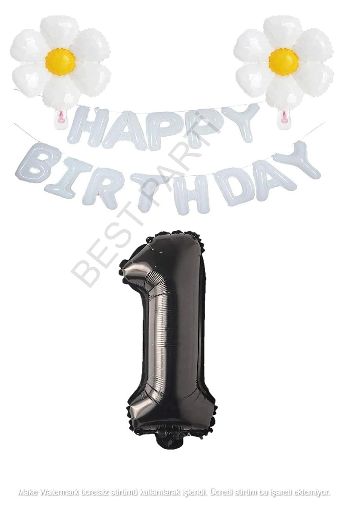 Beyaz Happy Bırthday Set Papatya ve Siyah Rakam Folyo Balon Seti Yaş 1