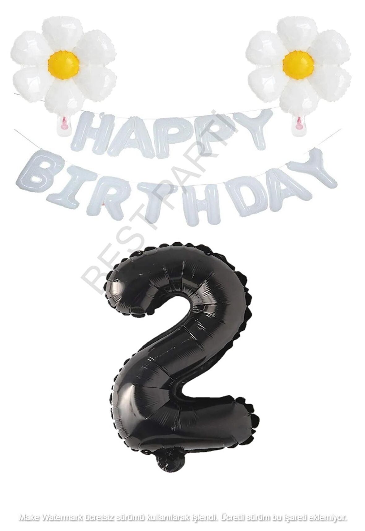 Beyaz Happy Bırthday Set Papatya ve Siyah Rakam Folyo Balon Seti Yaş 2