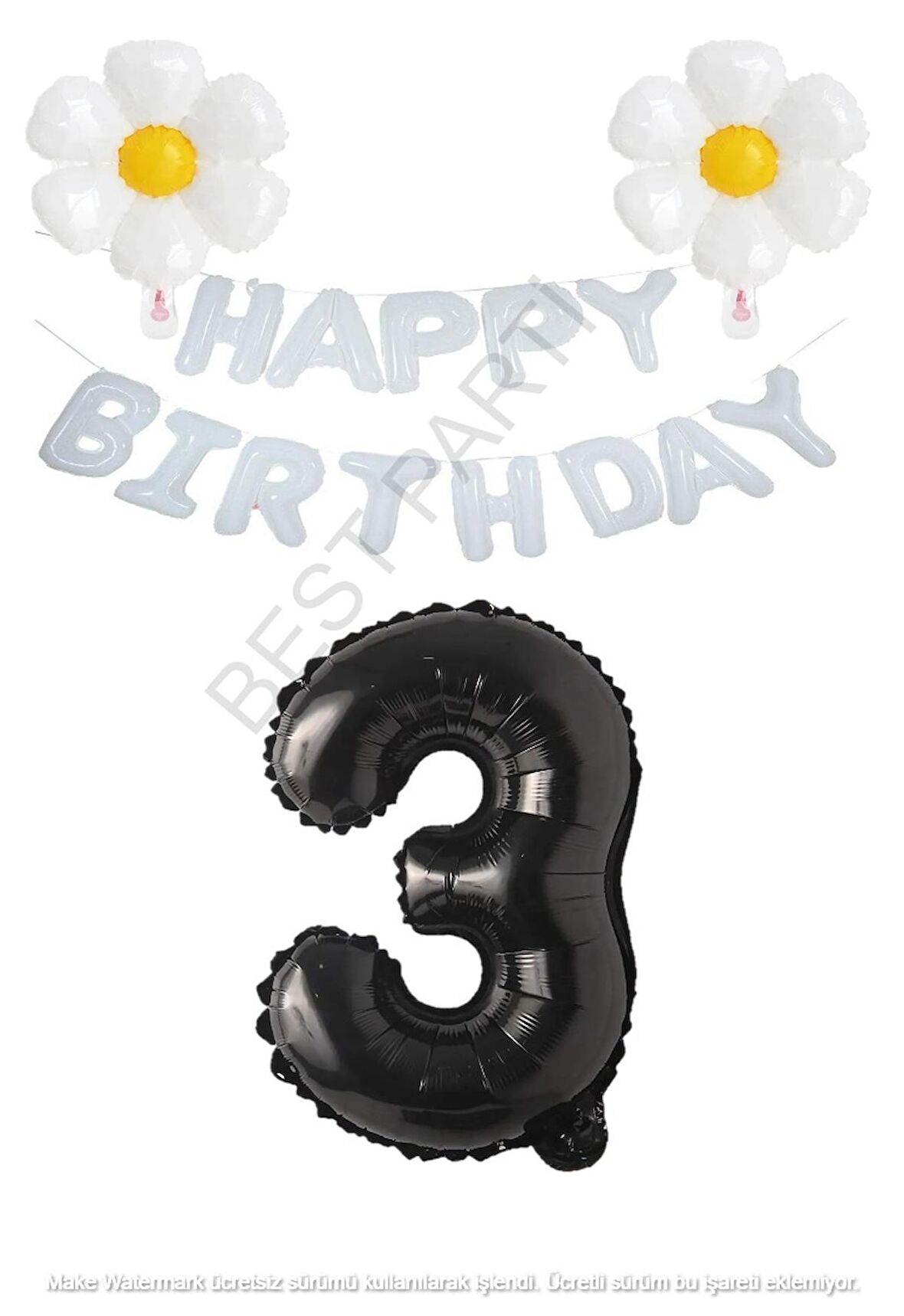 Beyaz Happy Bırthday Set Papatya ve Siyah Rakam Folyo Balon Seti Yaş 3
