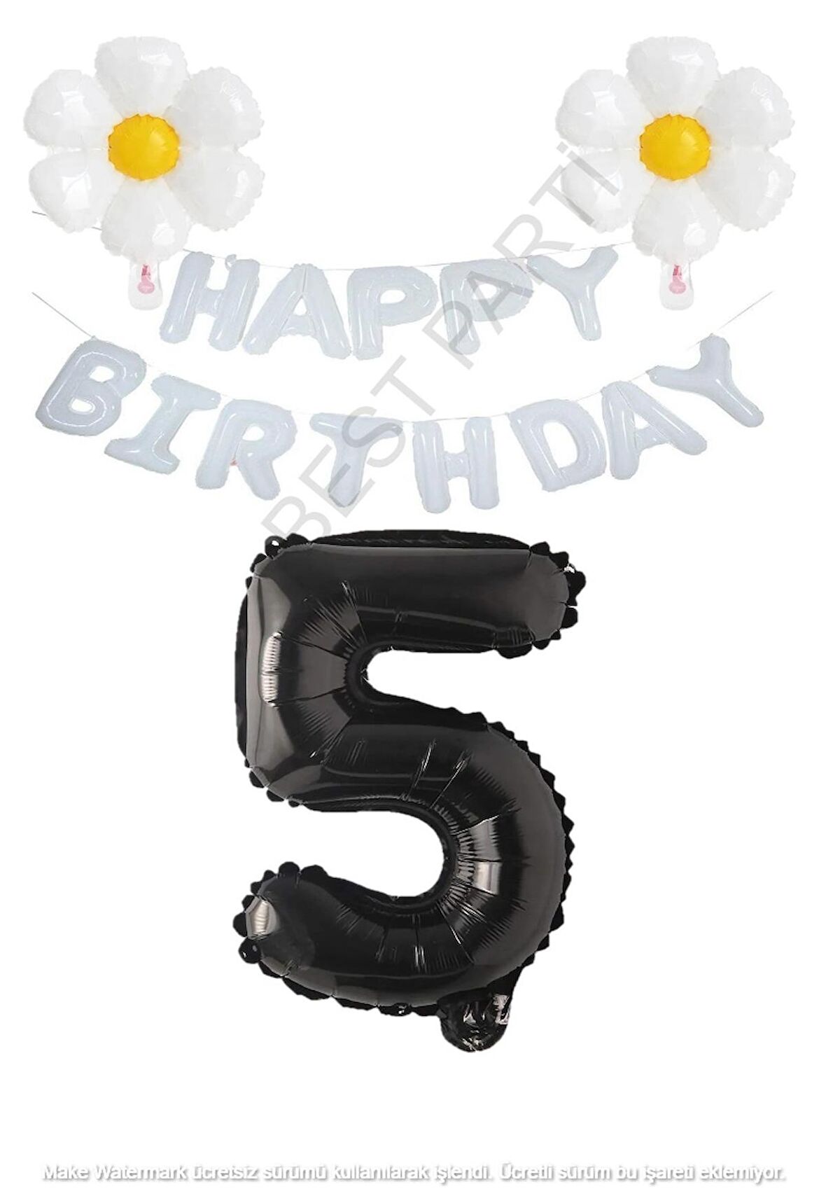 Beyaz Happy Bırthday Set Papatya ve Siyah Rakam Folyo Balon Seti Yaş 5