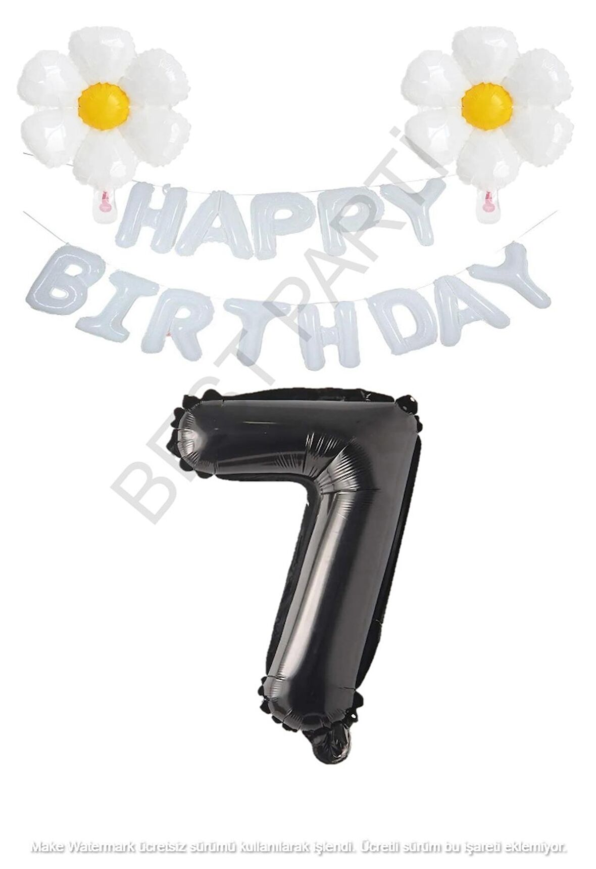 Beyaz Happy Bırthday Set Papatya ve Siyah Rakam Folyo Balon Seti Yaş 7